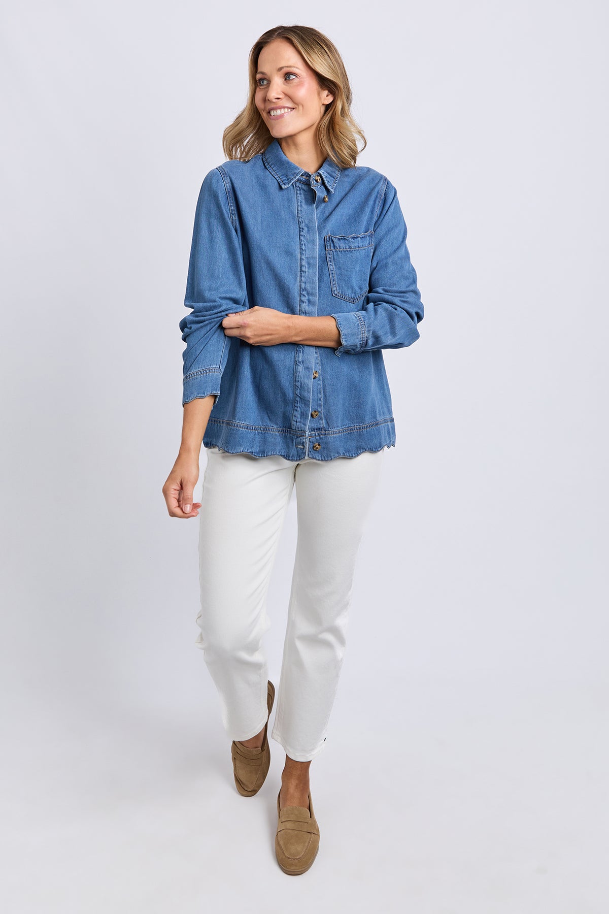 Scallop Edge Long Sleeve Shirt Mid Blue Wash