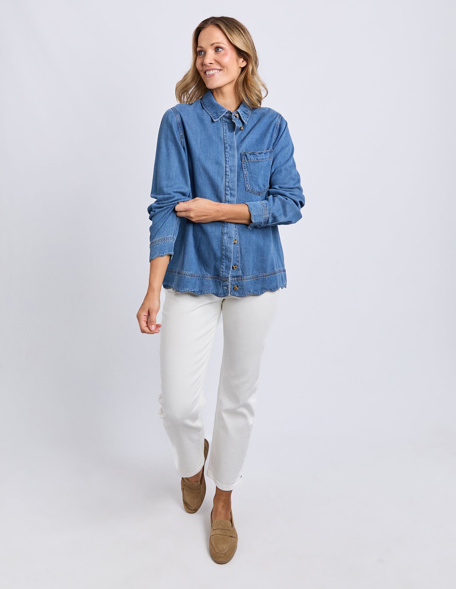 Scallop Edge Long Sleeve Shirt Mid Blue Wash
