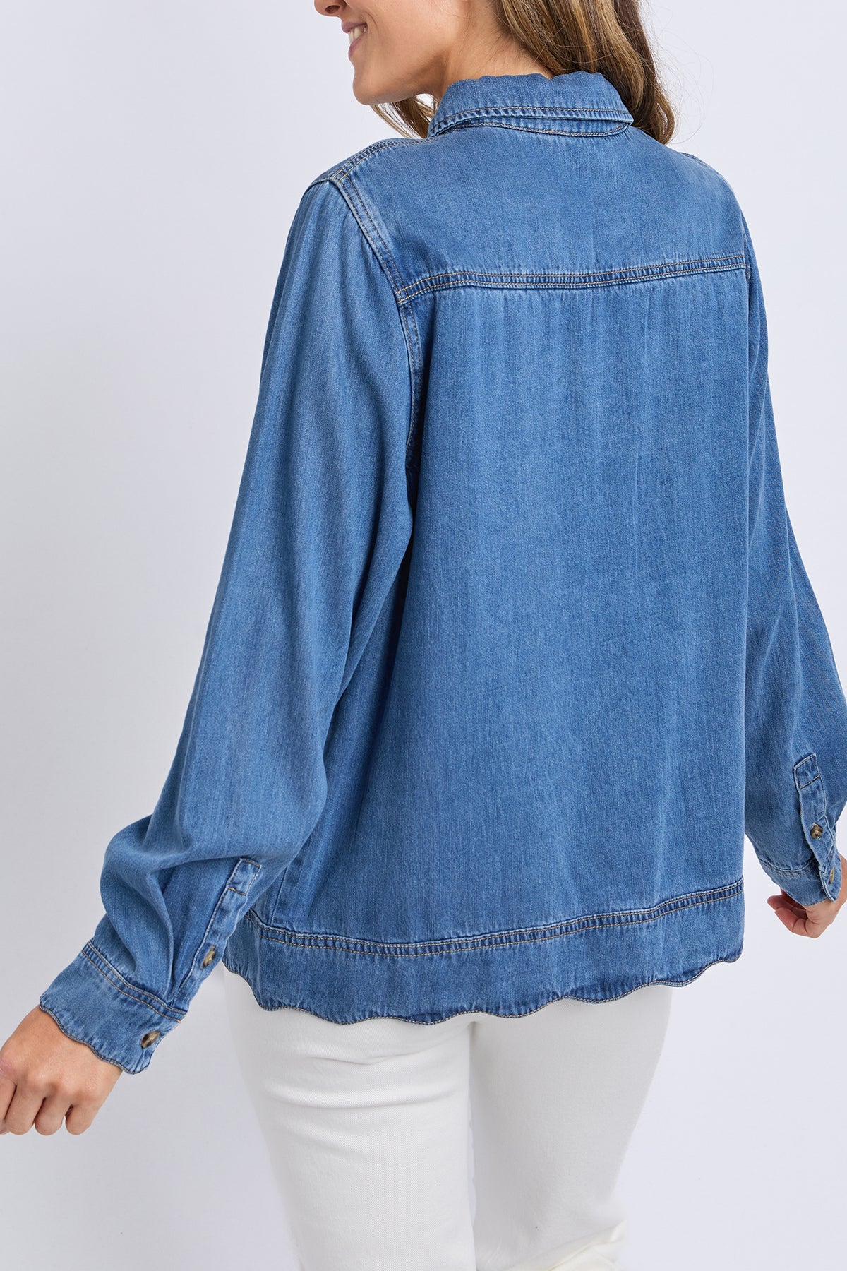 Scallop Edge Long Sleeve Shirt Mid Blue Wash