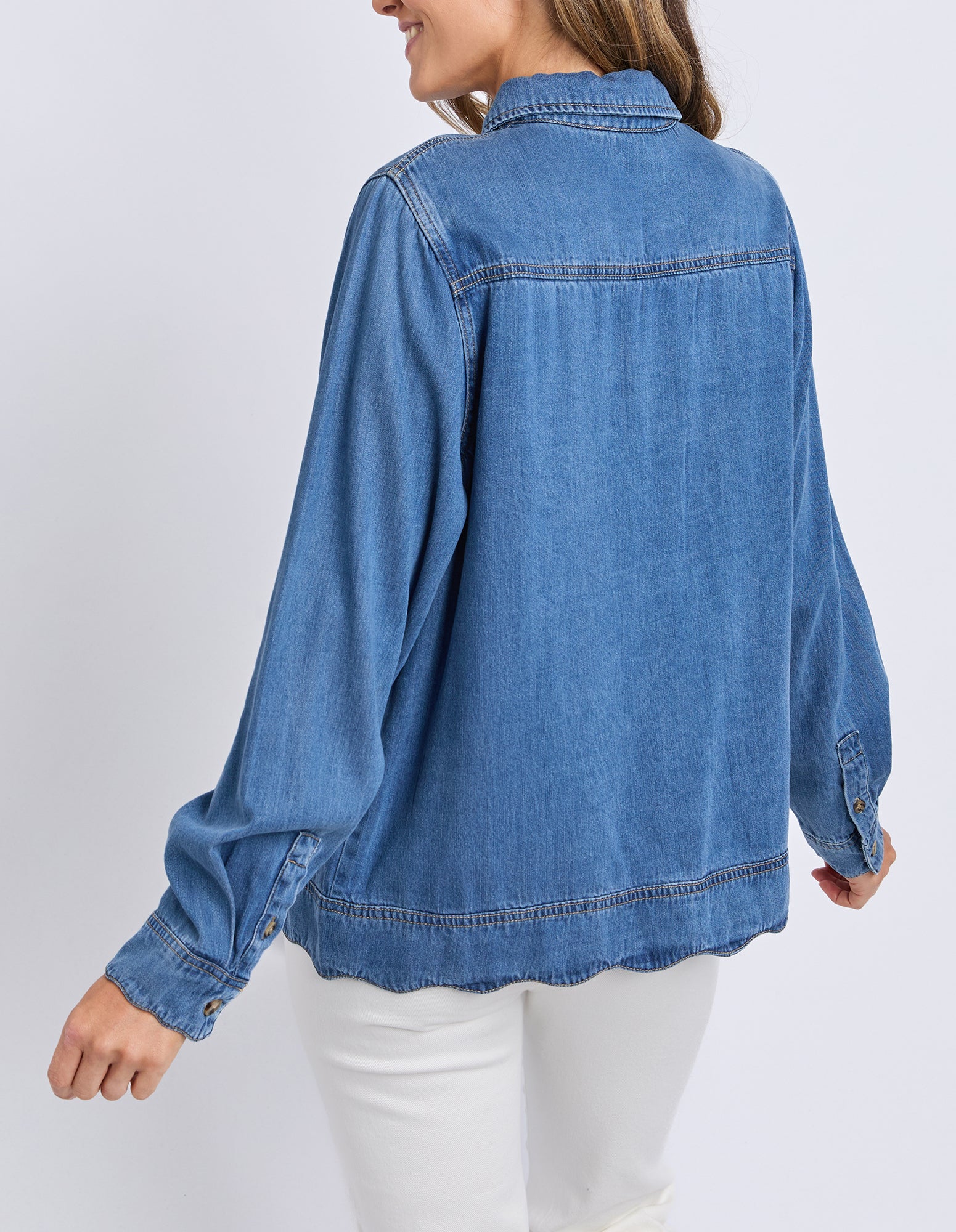 Scallop Edge Long Sleeve Shirt Mid Blue Wash