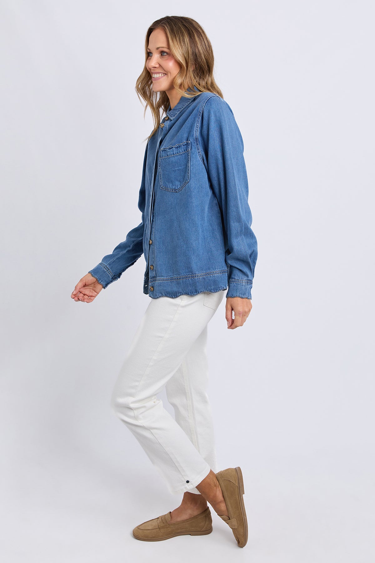 Scallop Edge Long Sleeve Shirt Mid Blue Wash