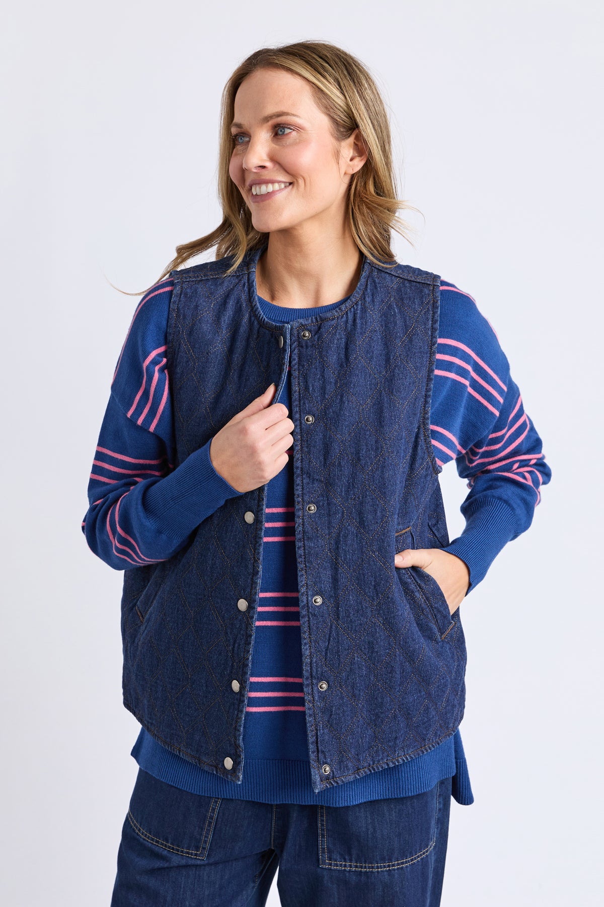 Polly Quilted Denim Vest Dark Blue