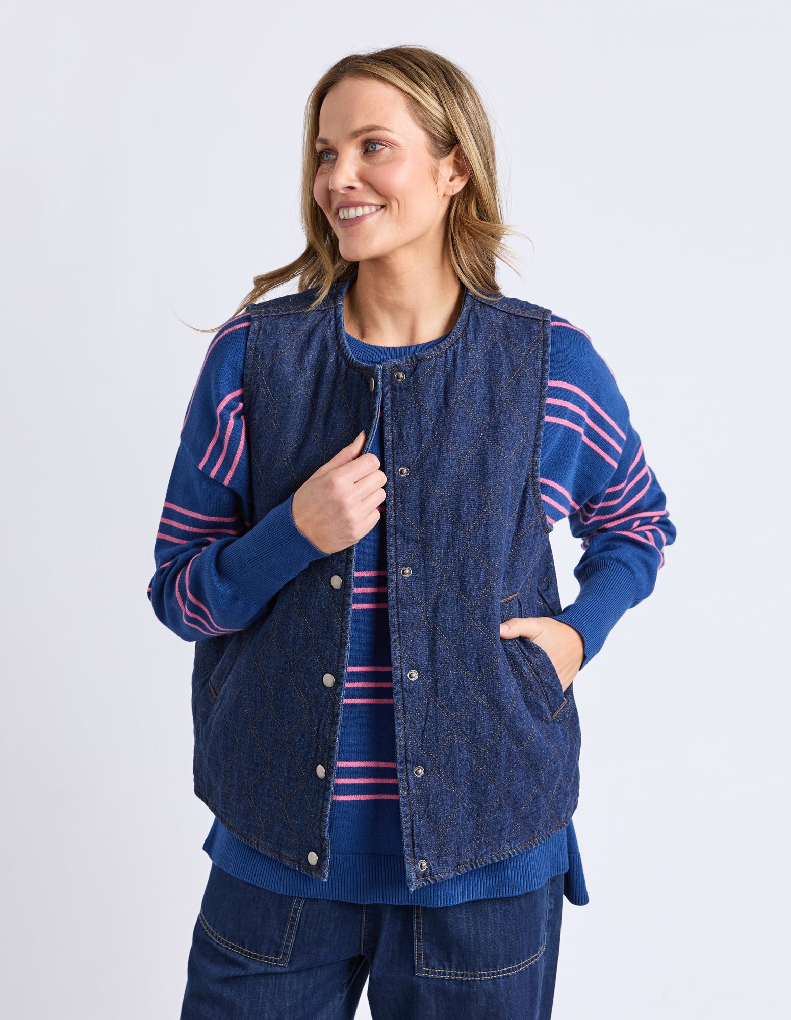Polly Quilted Denim Vest Dark Blue