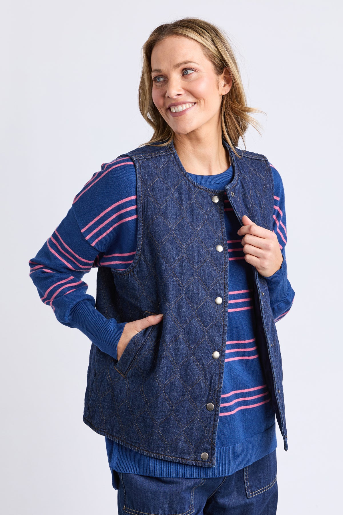 Polly Quilted Denim Vest Dark Blue