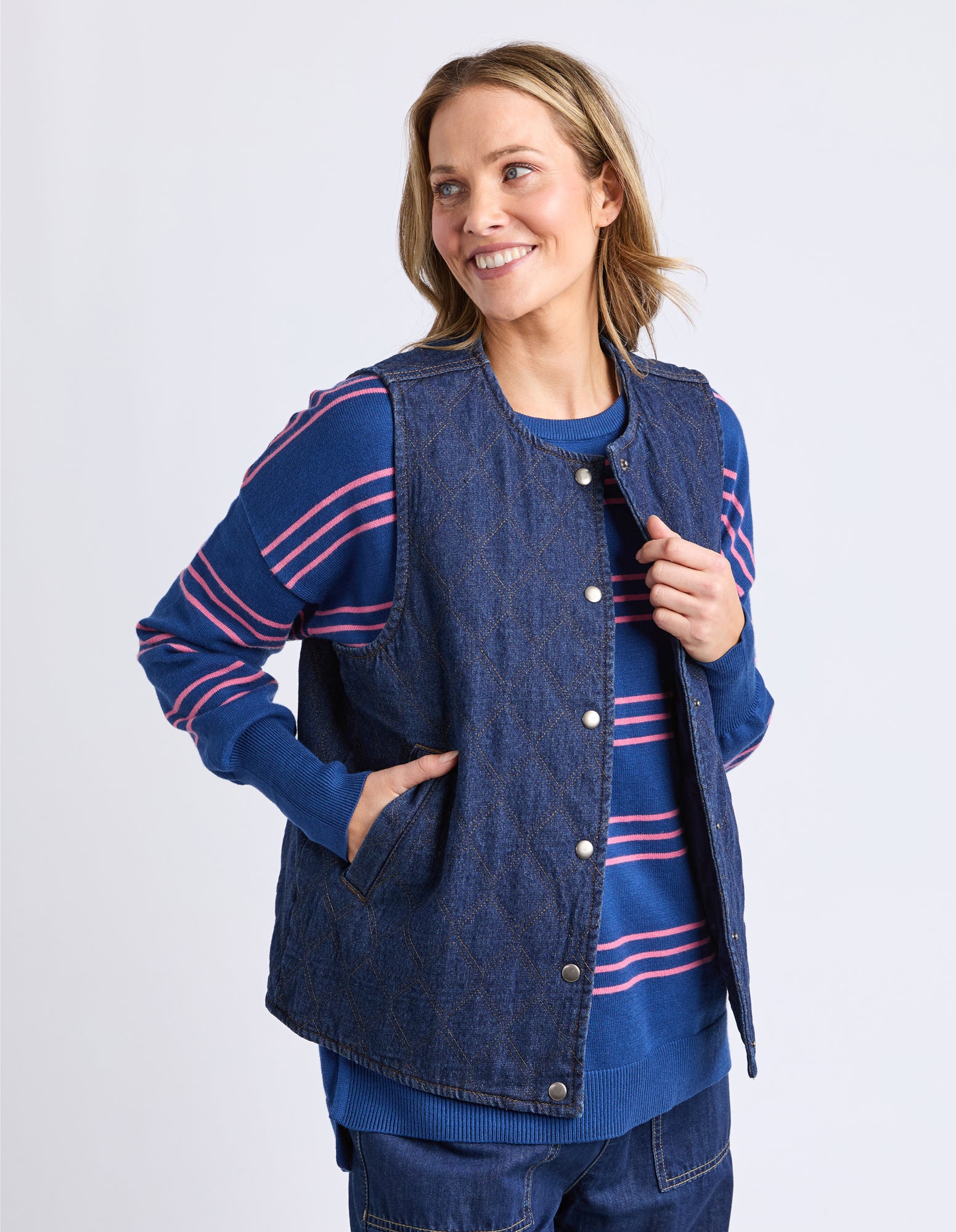 Polly Quilted Denim Vest Dark Blue