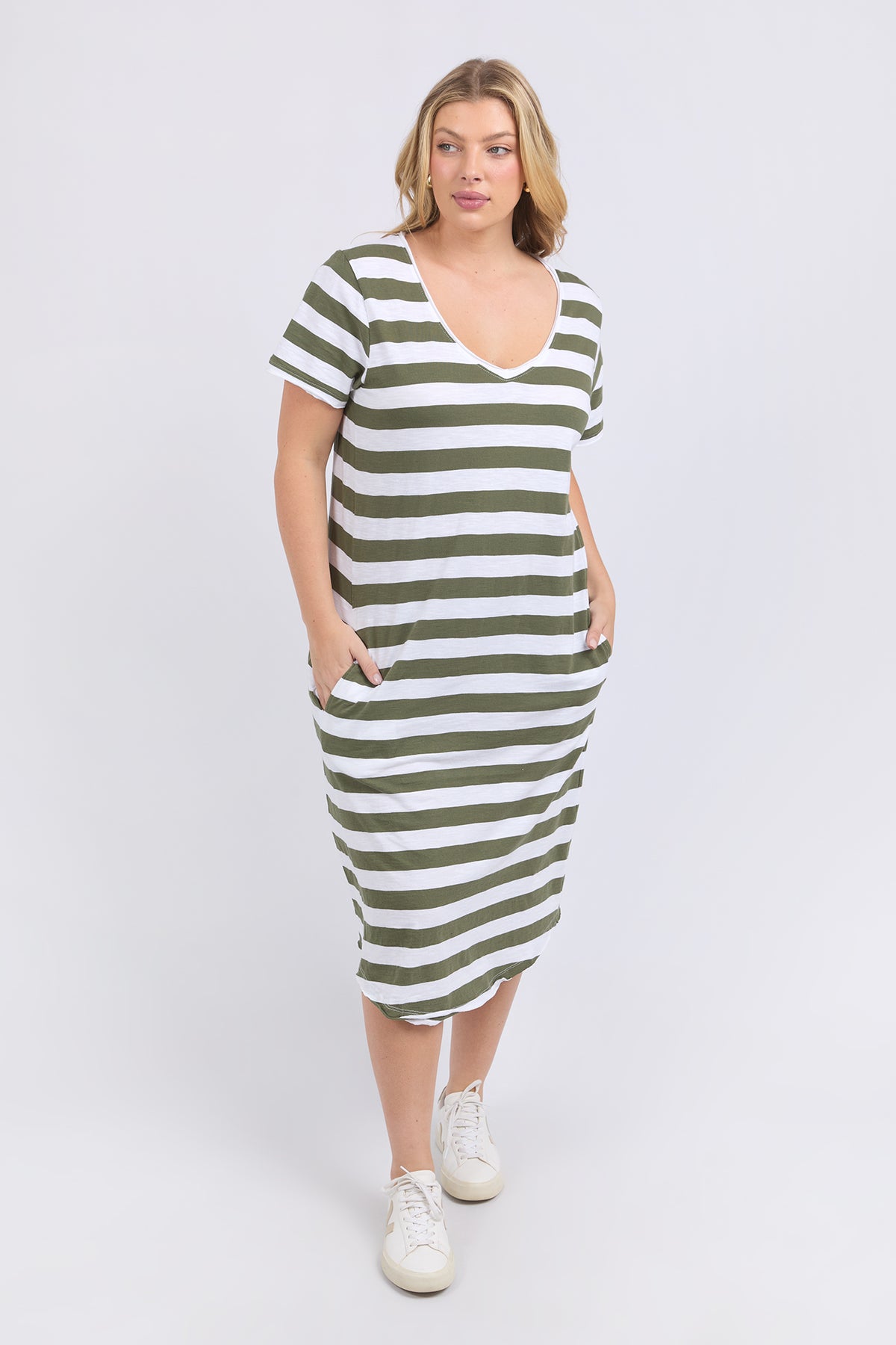 Maeve Midi Dress   Stripe Khaki