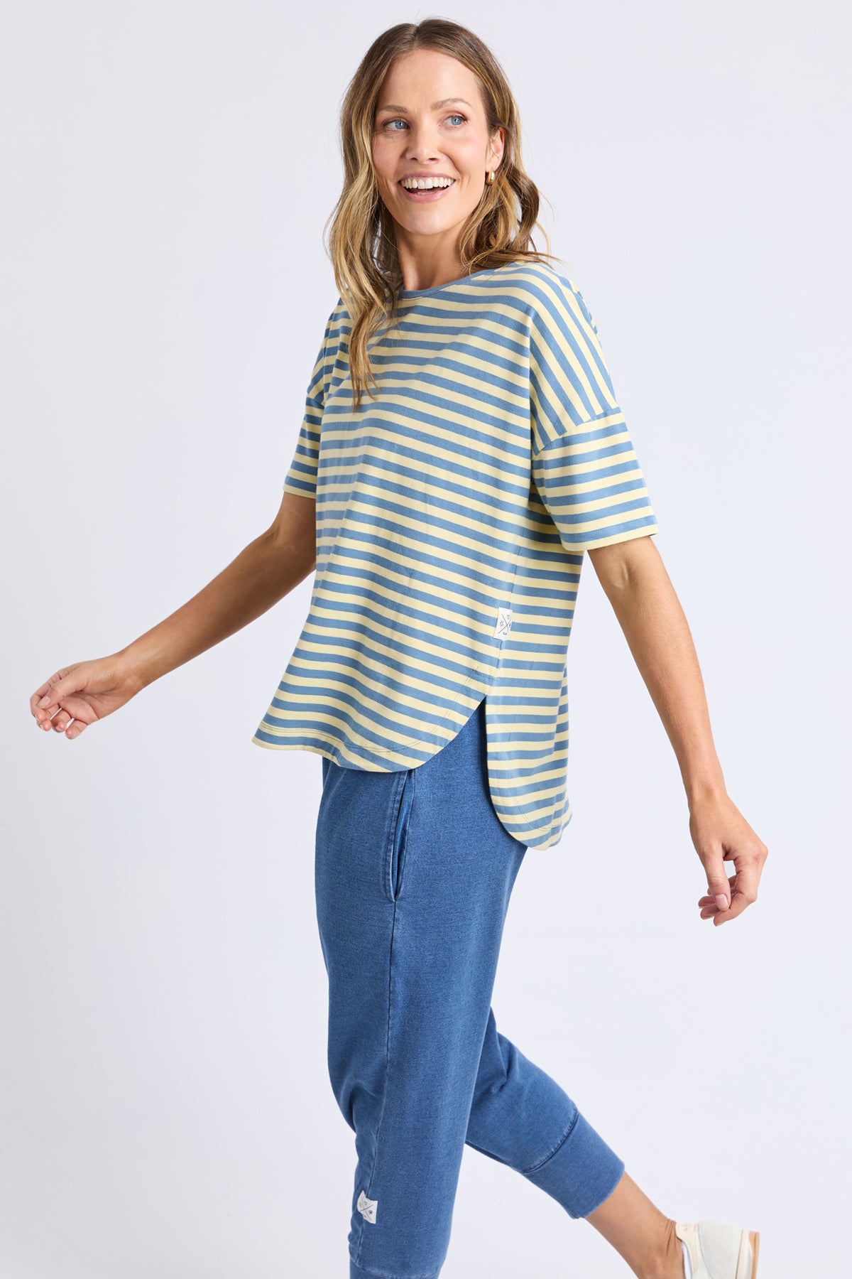 Lauren Short Sleeve Tee Blue and Banana Stripe