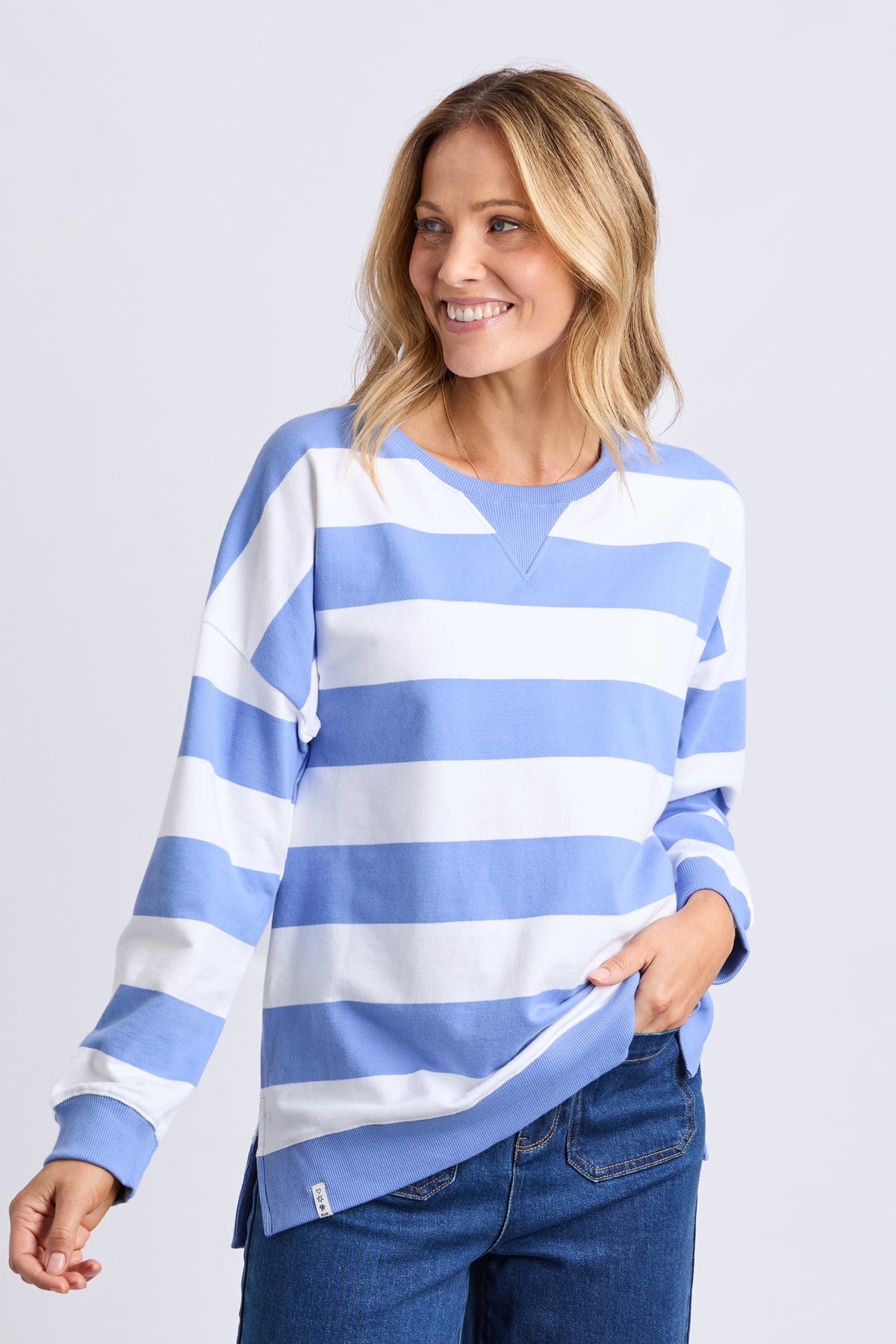 Billie Block Stripe Crew Cornflower/Wht Str