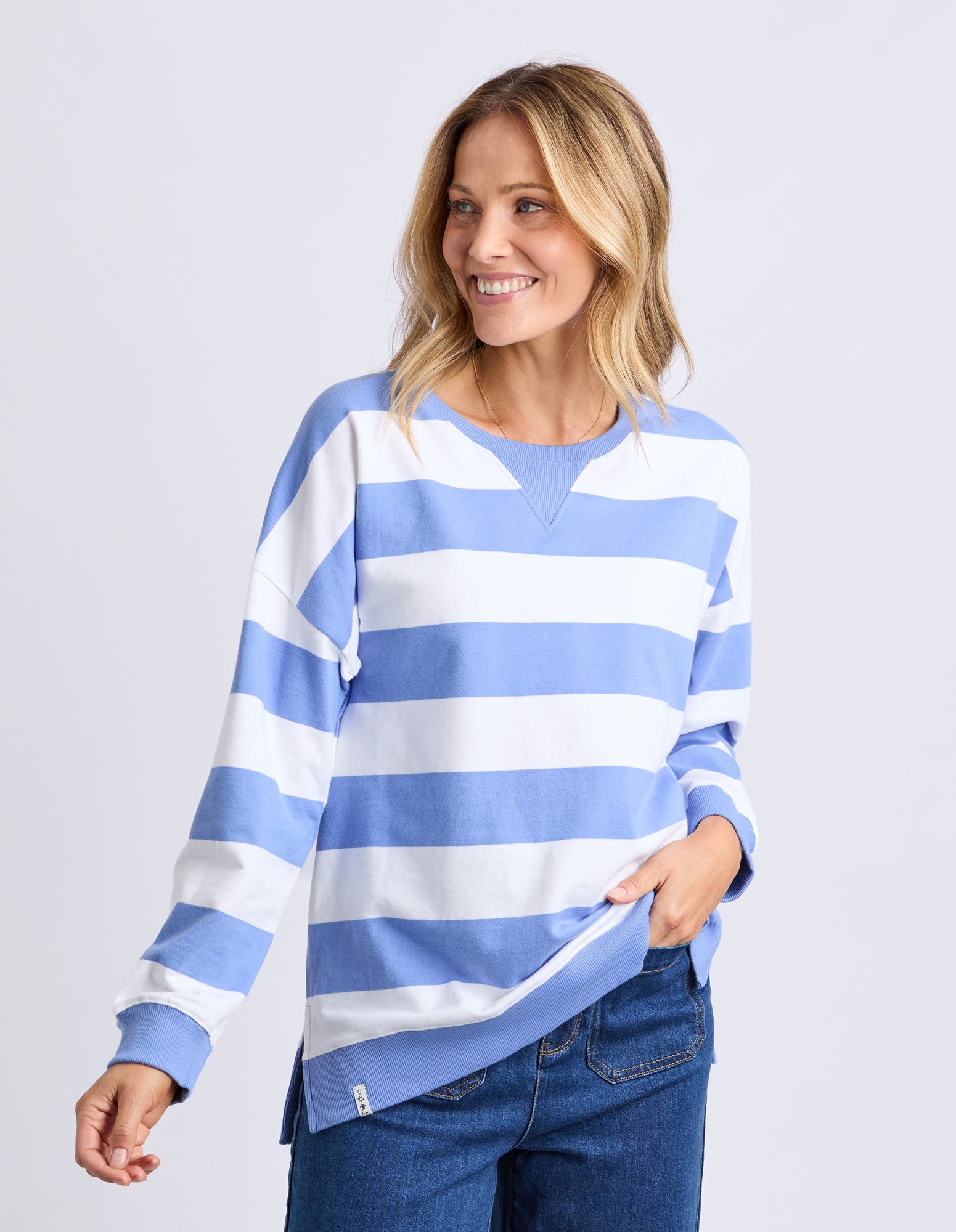 Billie Block Stripe Crew Cornflower/Wht Str
