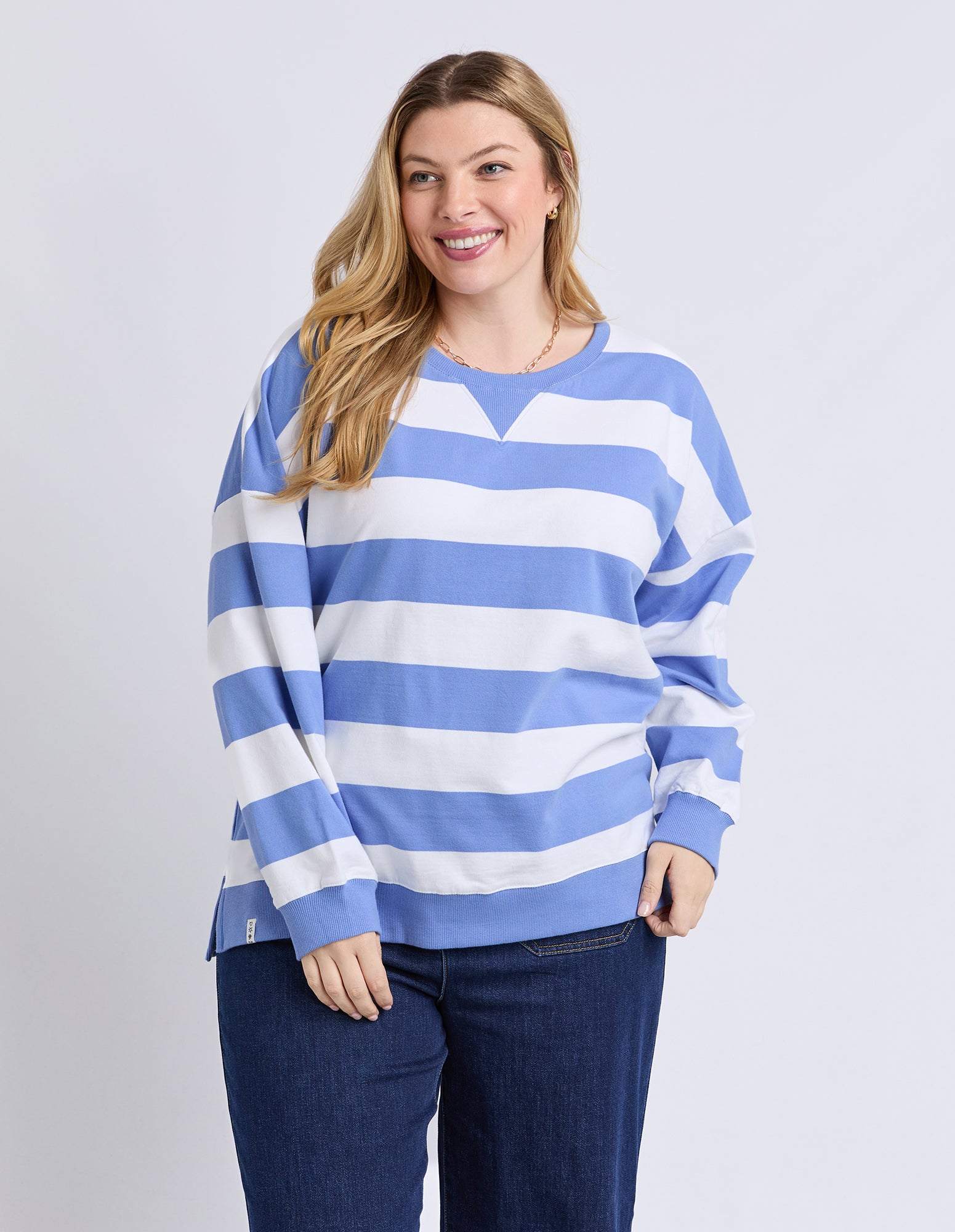 Billie Block Stripe Crew Cornflower/Wht Str