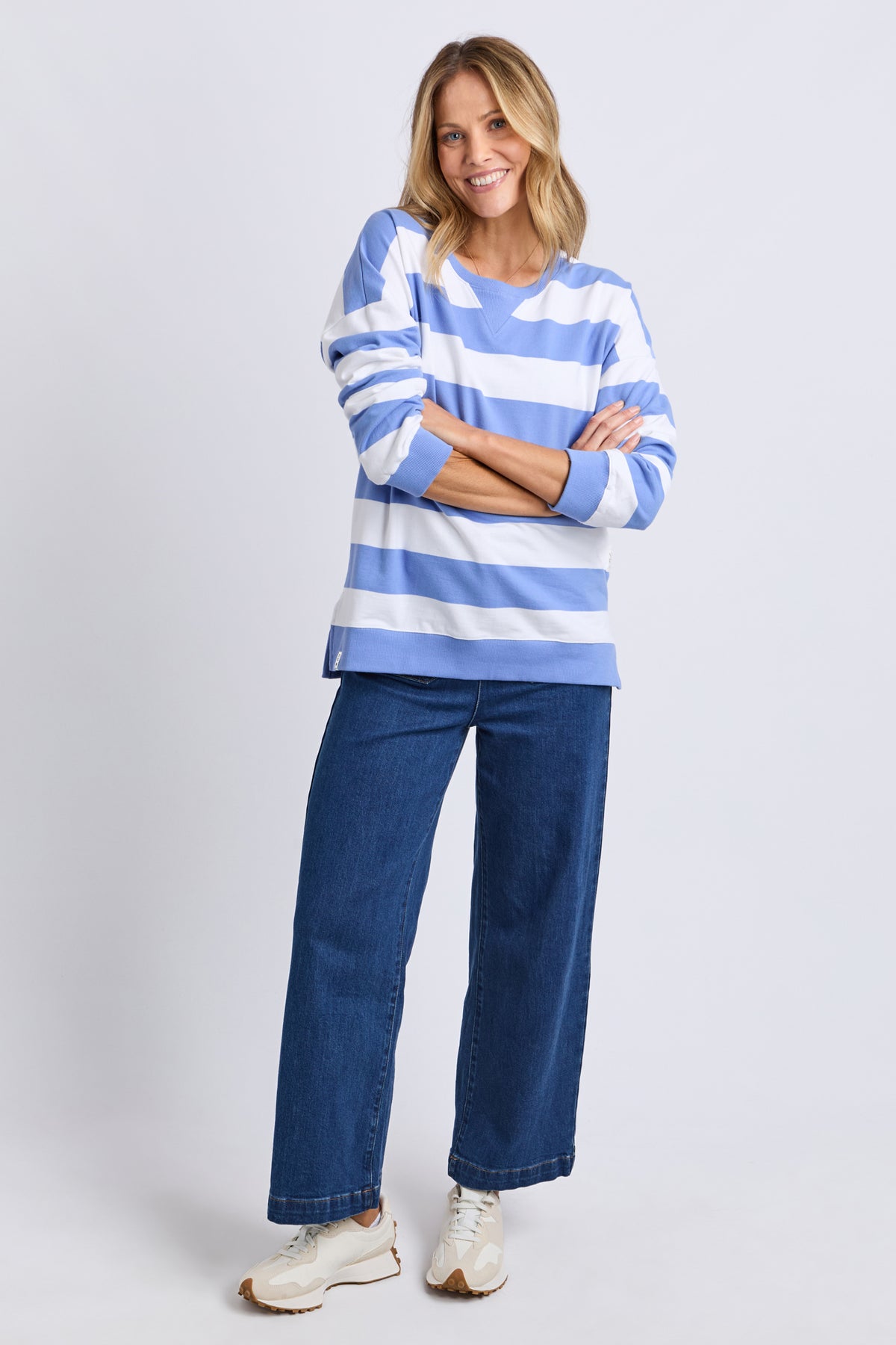 Billie Block Stripe Crew Cornflower/Wht Str