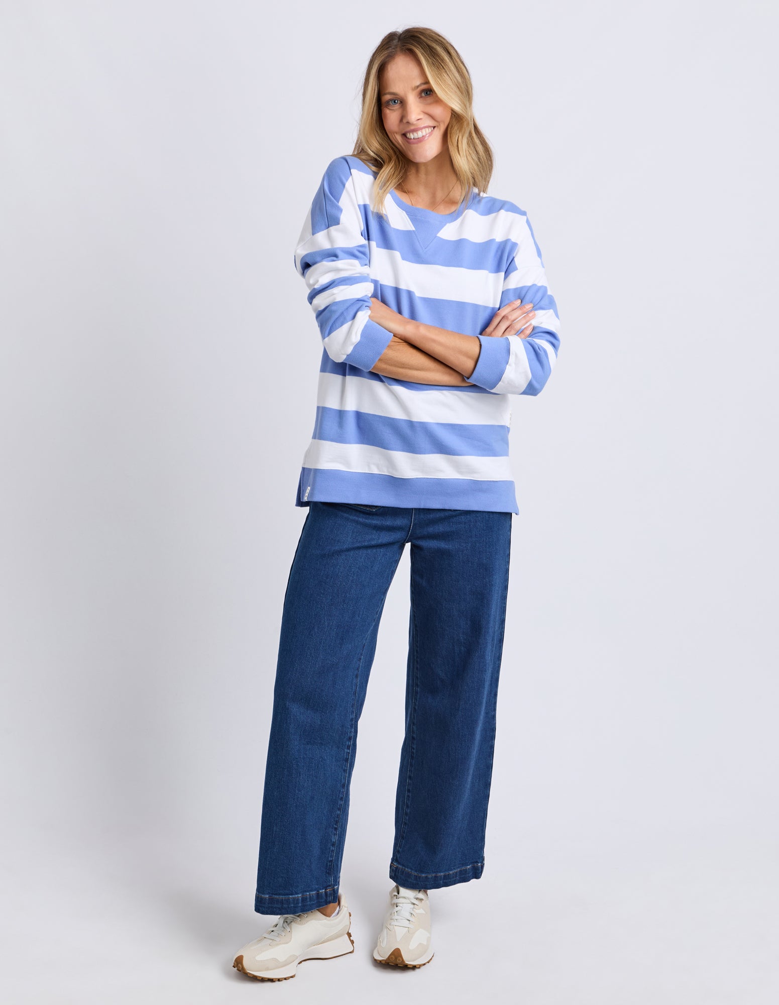 Billie Block Stripe Crew Cornflower/Wht Str