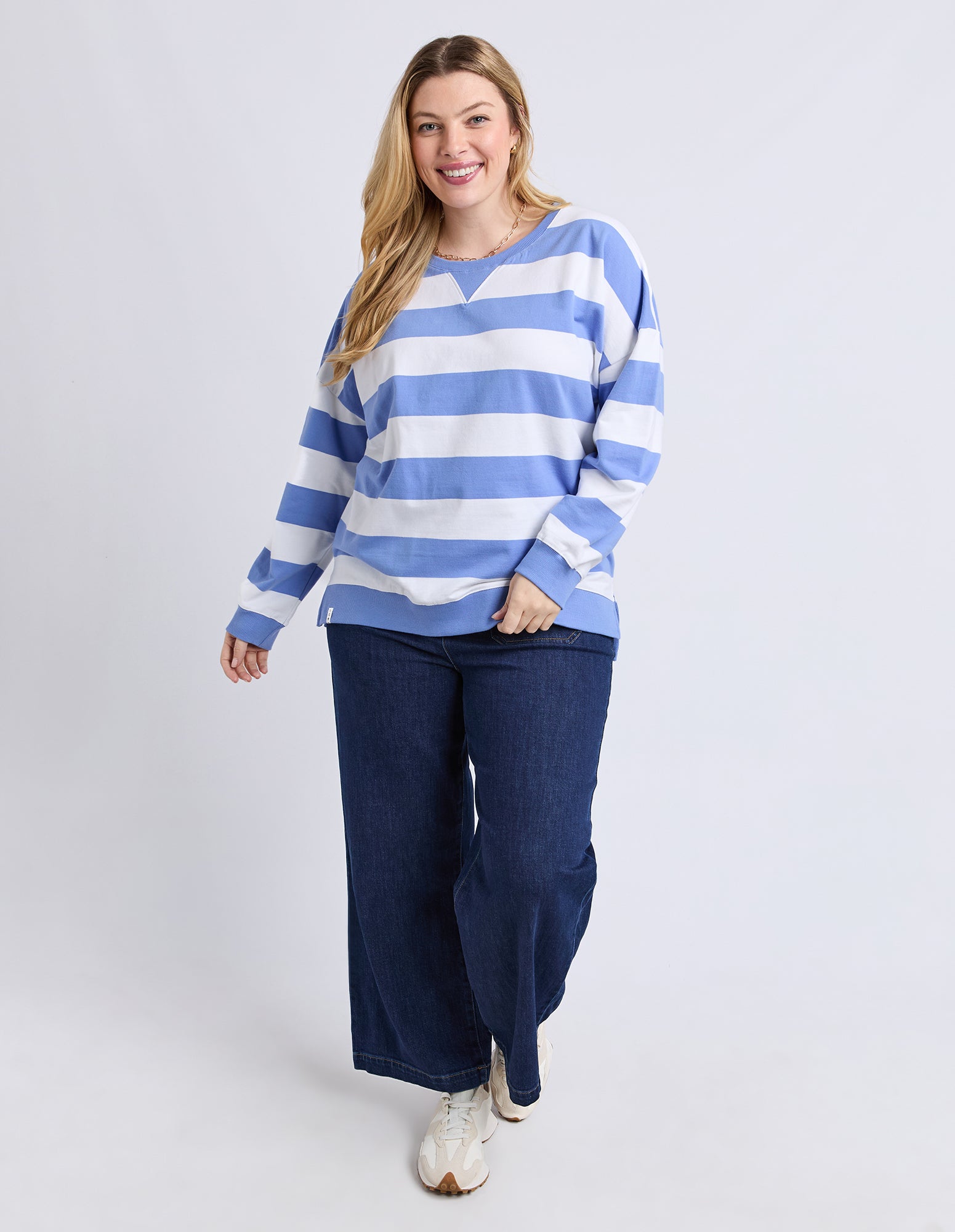 Billie Block Stripe Crew Cornflower/Wht Str