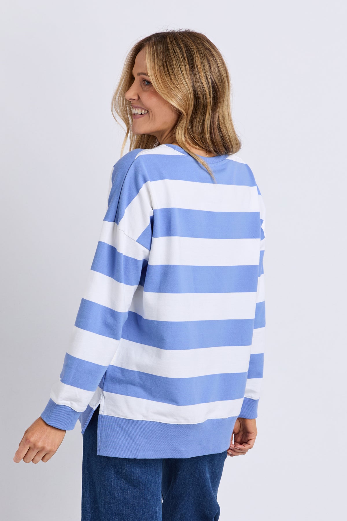 Billie Block Stripe Crew Cornflower/Wht Str