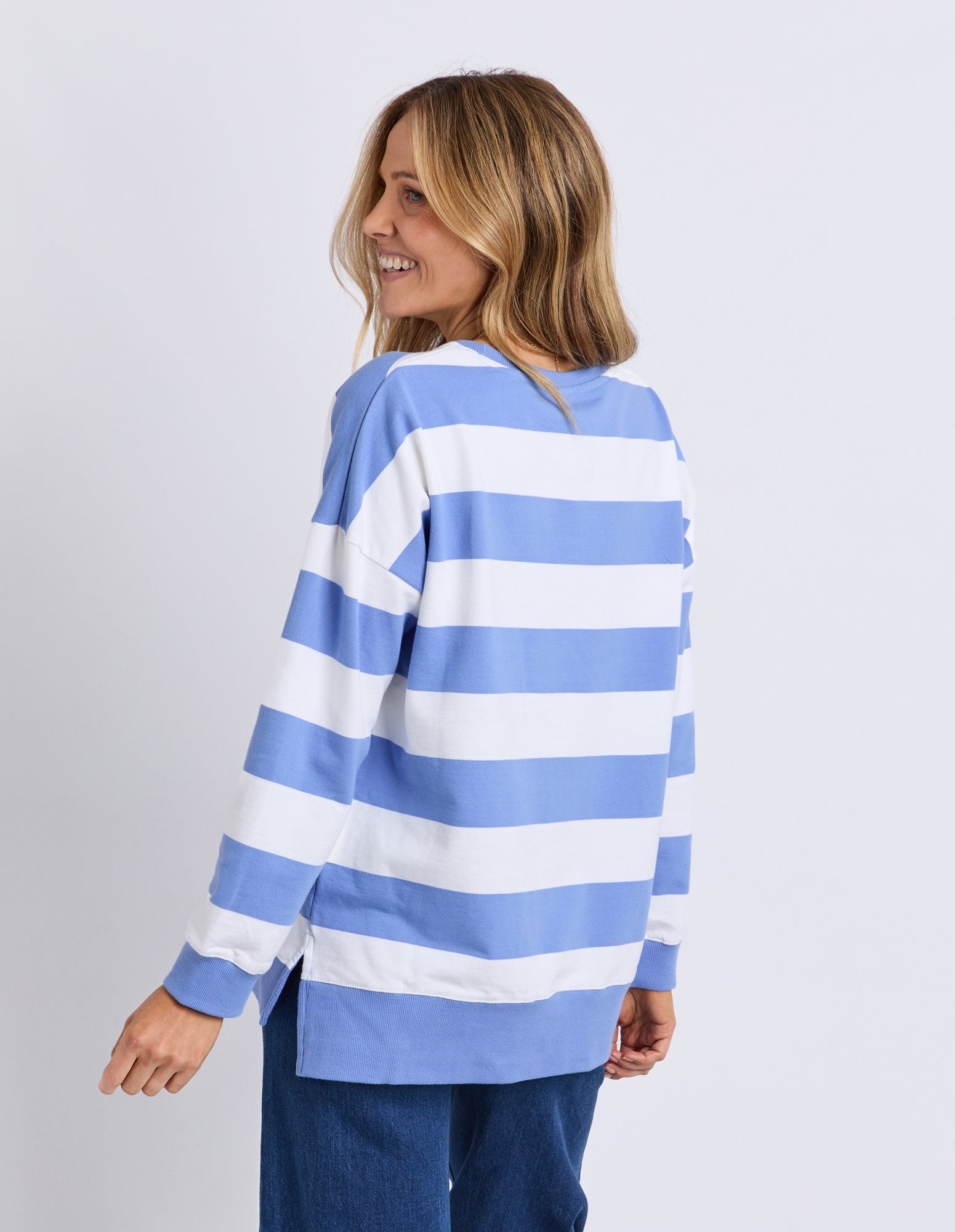 Billie Block Stripe Crew Cornflower/Wht Str