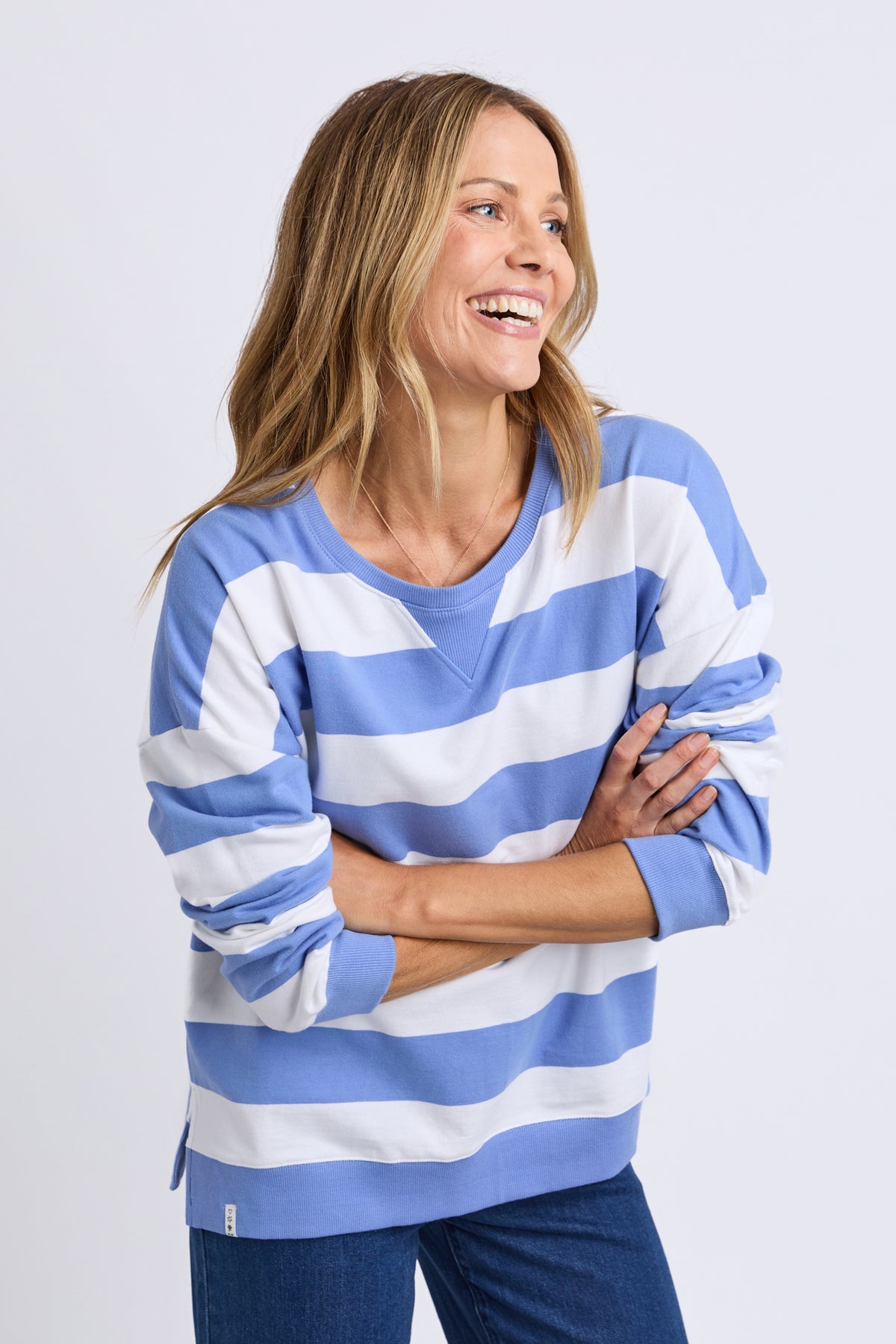 Billie Block Stripe Crew Cornflower/Wht Str