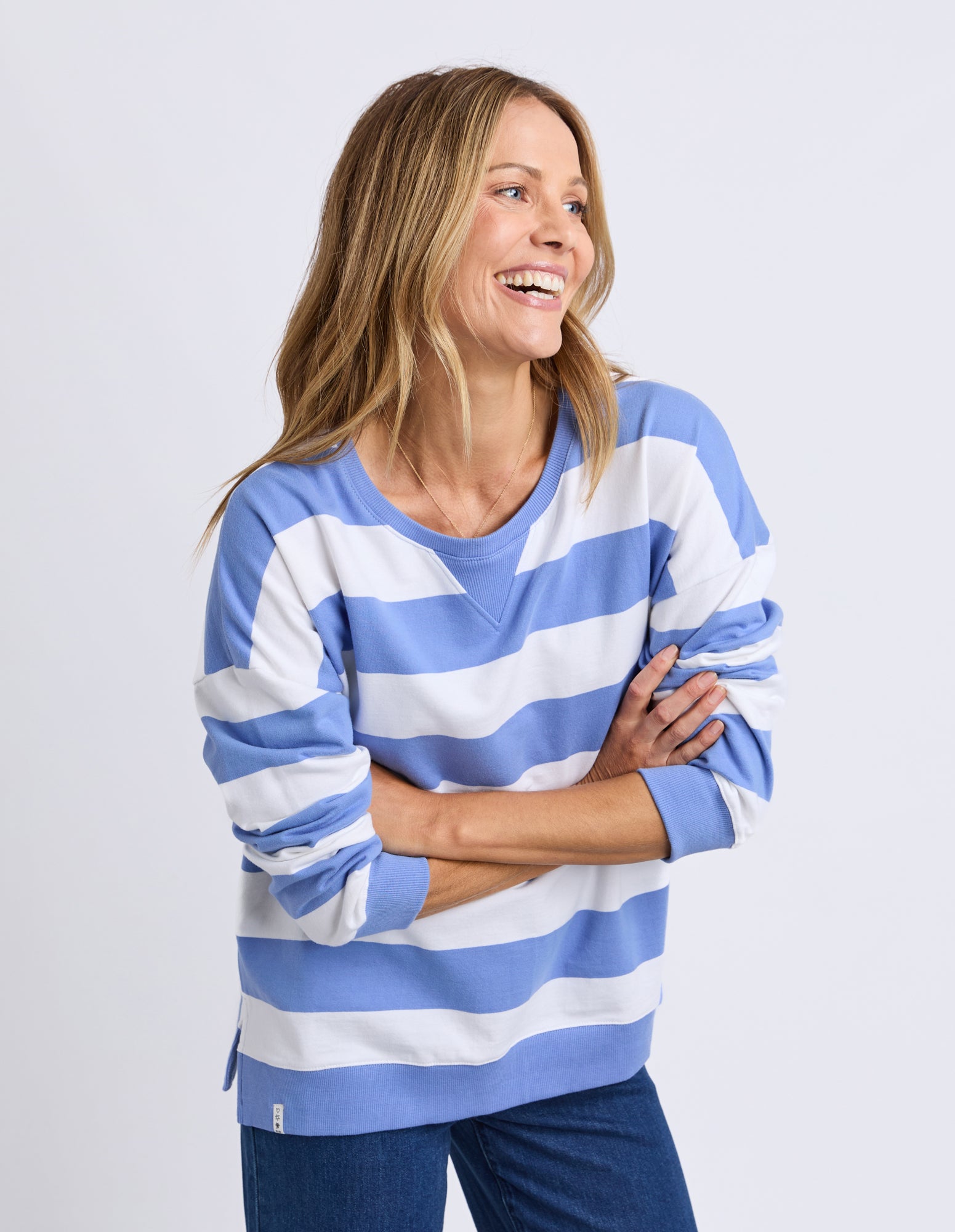 Billie Block Stripe Crew Cornflower/Wht Str