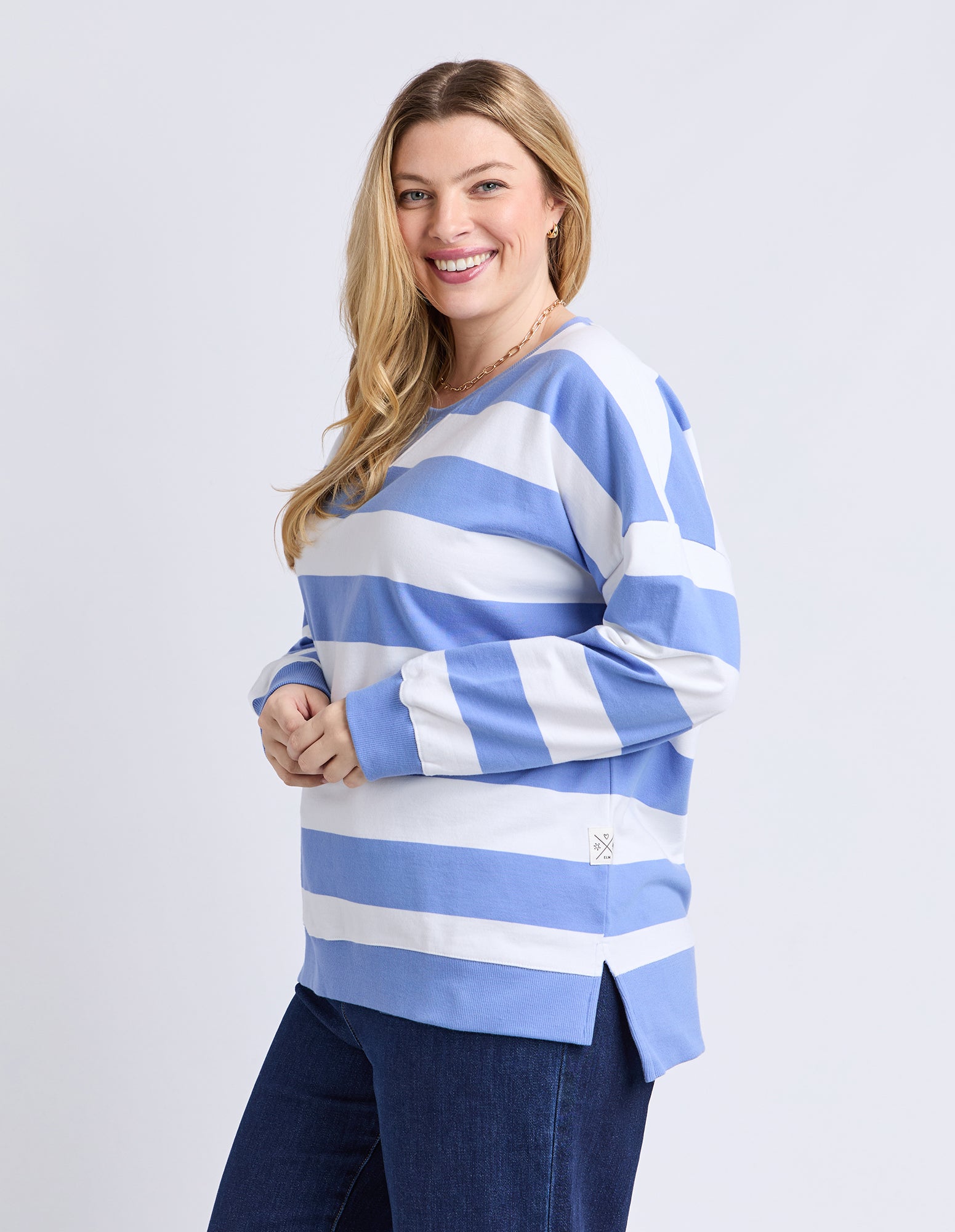 Billie Block Stripe Crew Cornflower/Wht Str