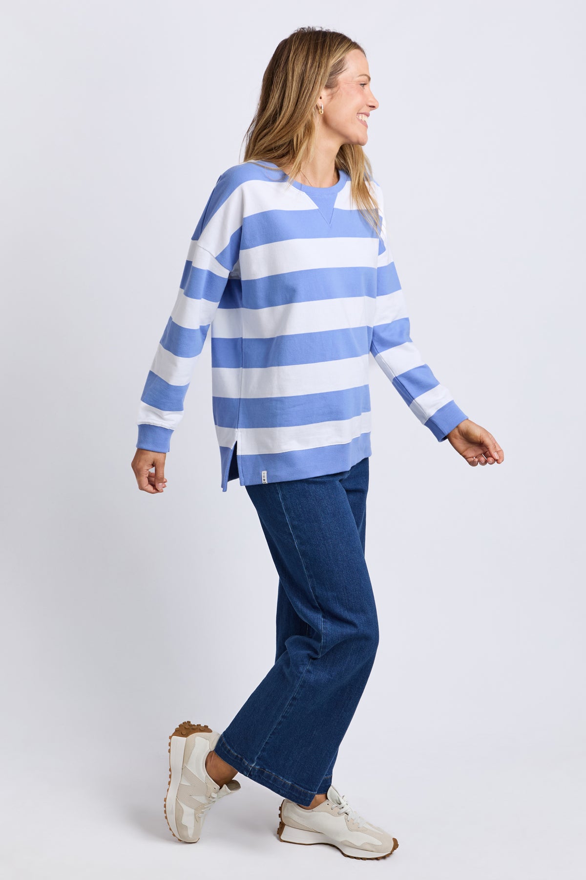 Billie Block Stripe Crew Cornflower/Wht Str