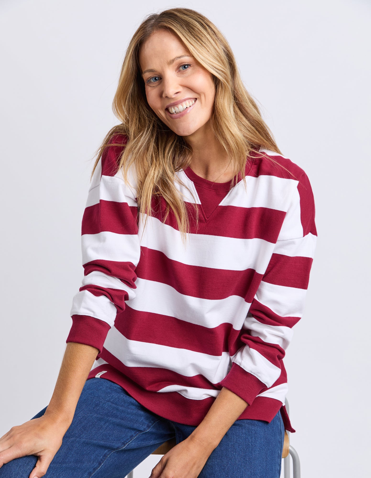 Billie Block Stripe Crew Maroon/White