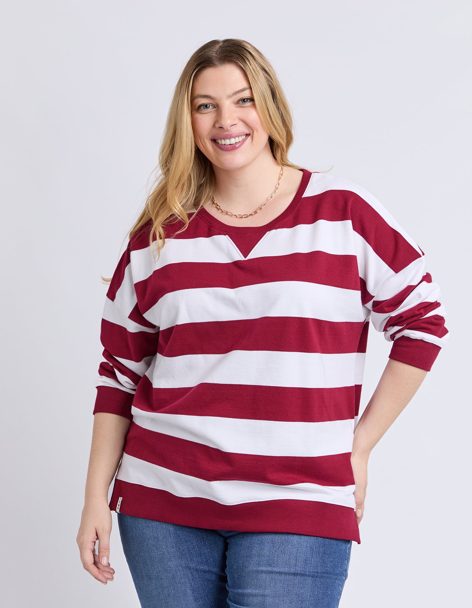 Billie Block Stripe Crew Maroon/White