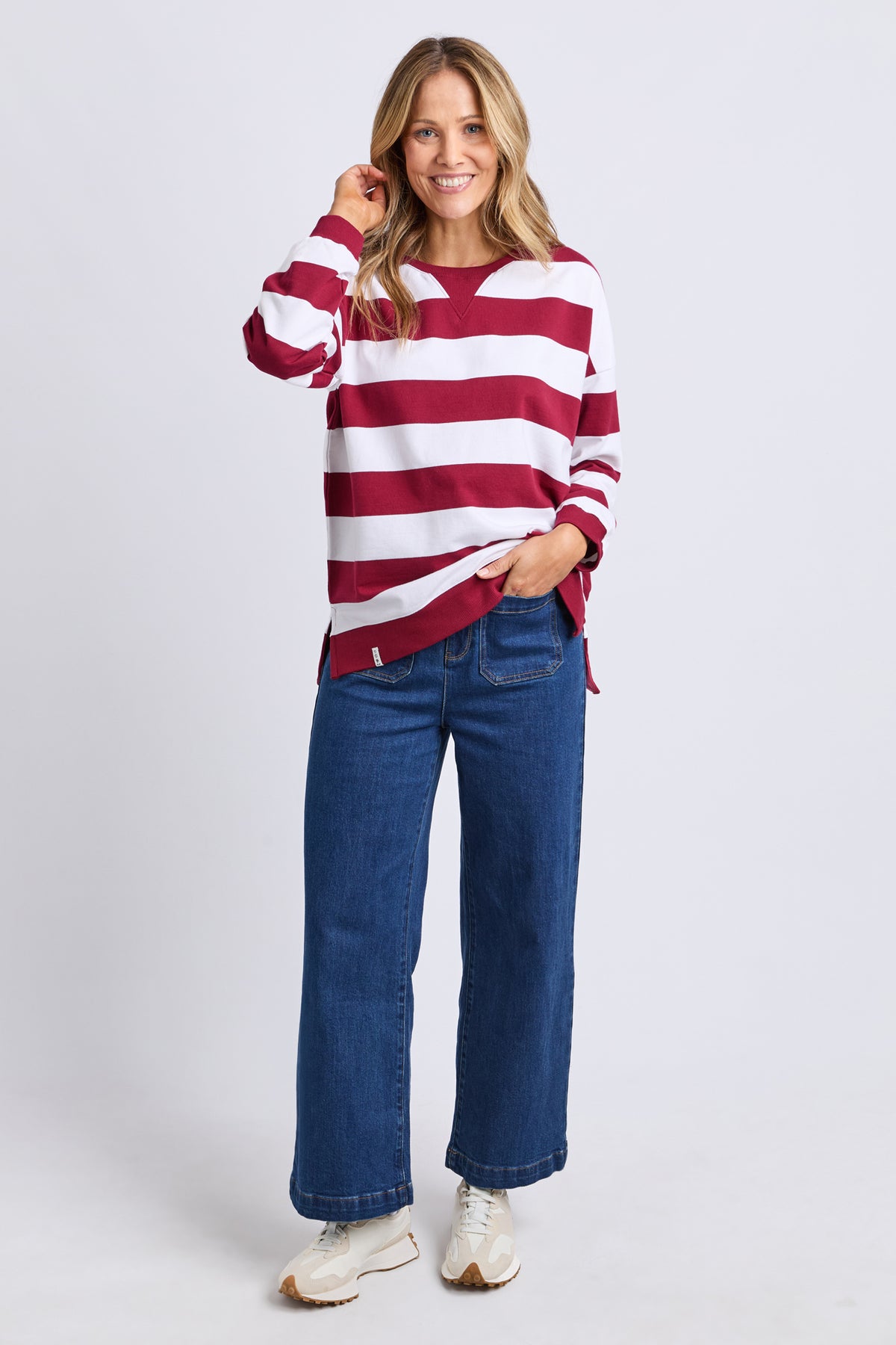 Billie Block Stripe Crew Maroon/White