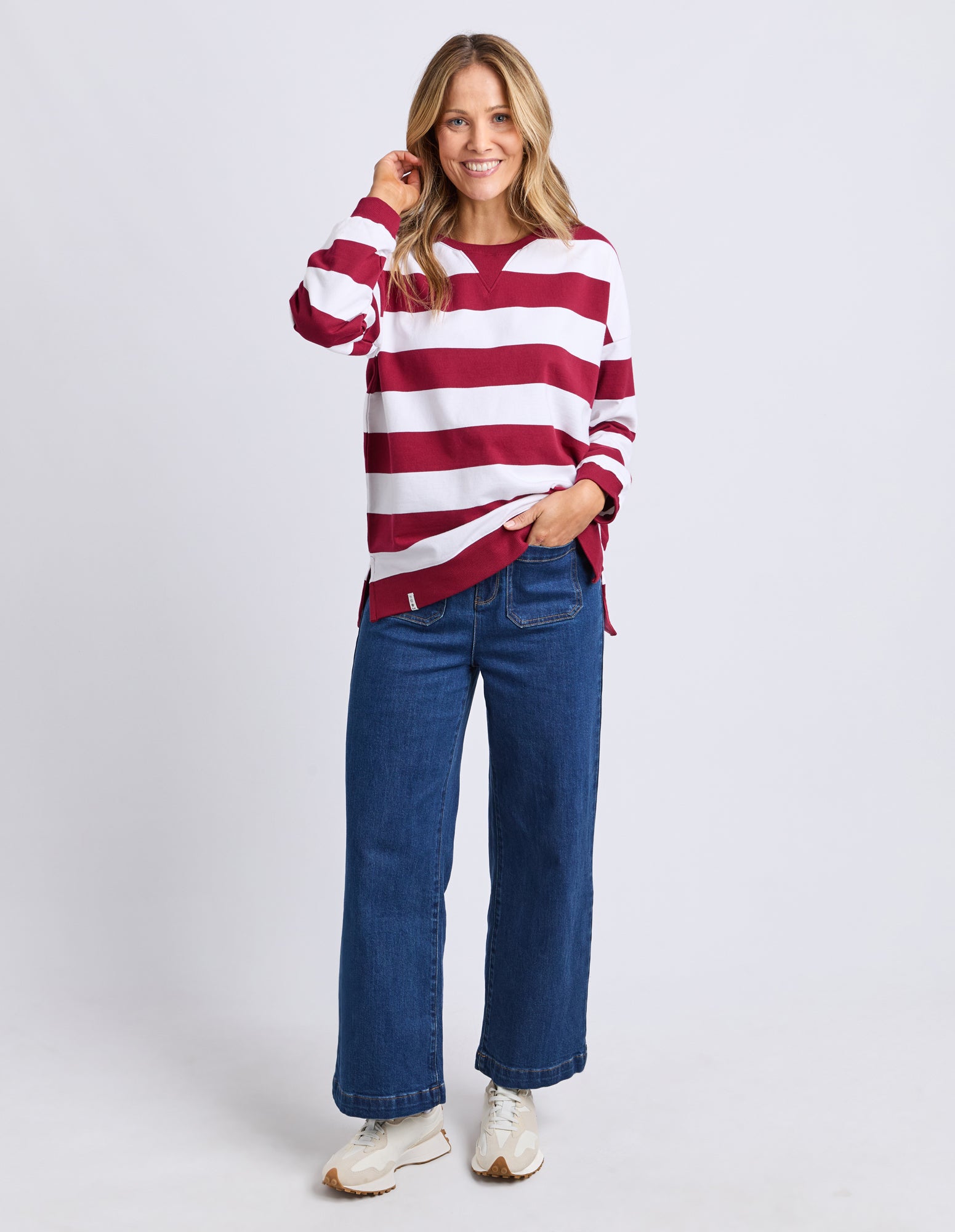 Billie Block Stripe Crew Maroon/White