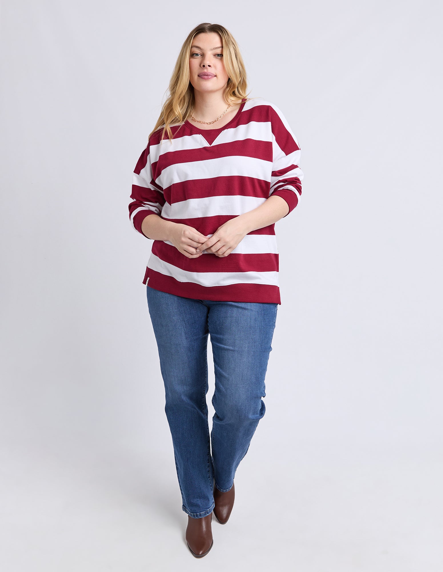 Billie Block Stripe Crew Maroon/White