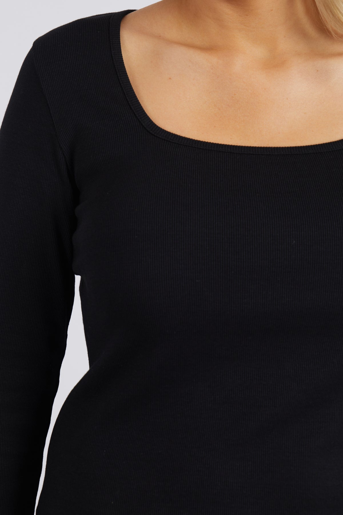 Square Neck Rib Long Sleeve Black