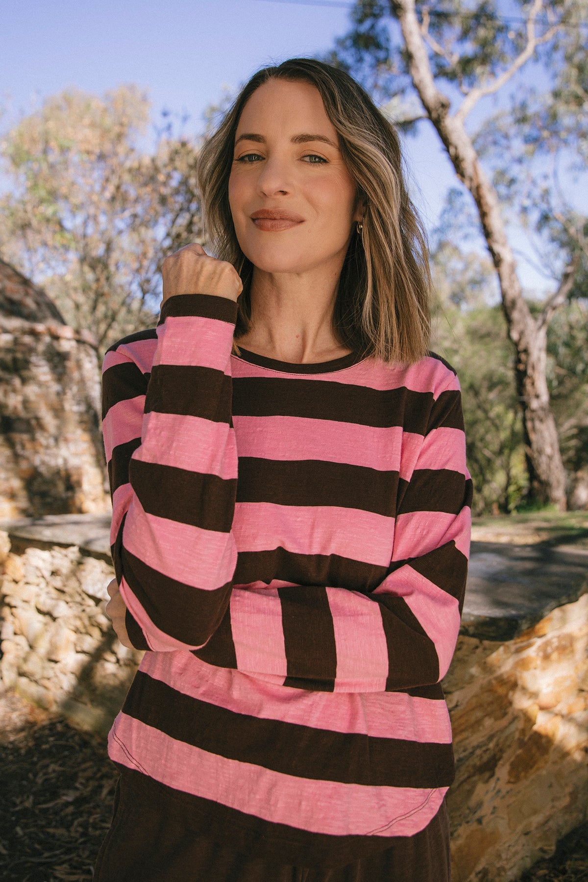 Spritz Stripe Long Sleeve Tee Coffee/Pink