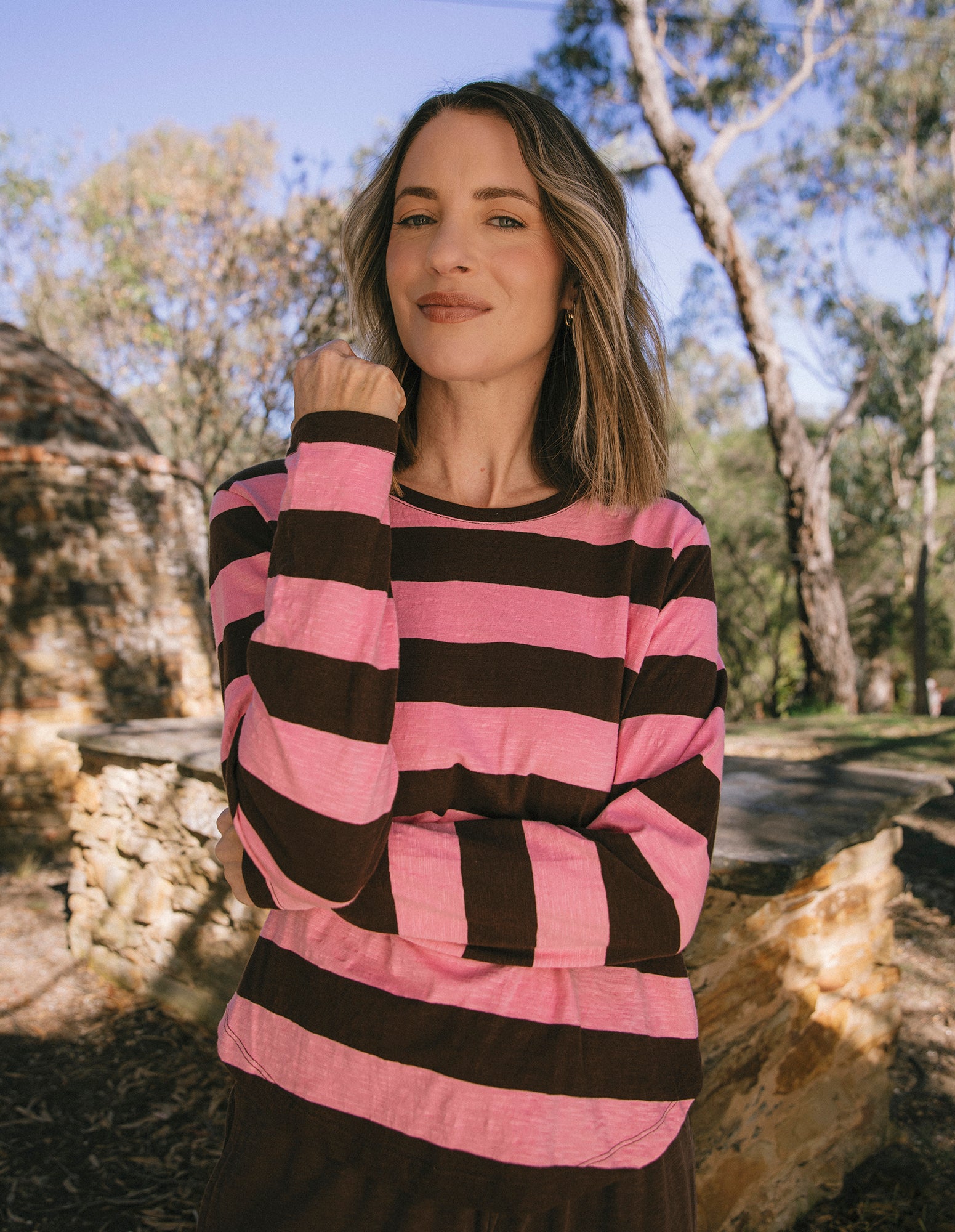 Spritz Stripe Long Sleeve Tee Coffee/Pink