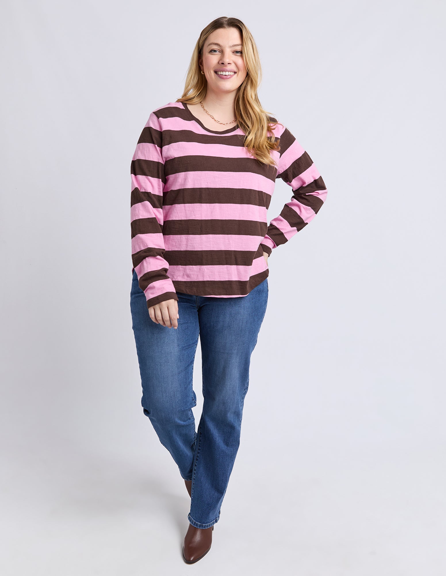 Spritz Stripe Long Sleeve Tee Coffee/Pink