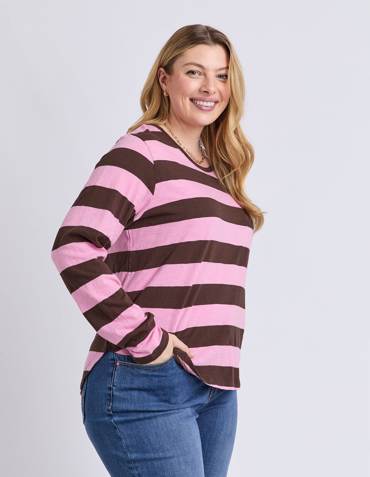 Spritz Stripe Long Sleeve Tee Coffee/Pink