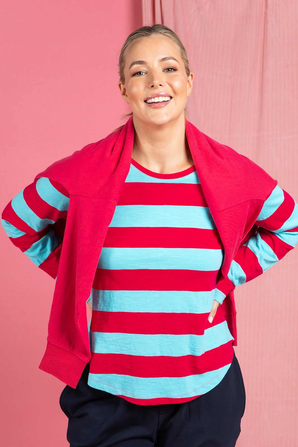 Spritz Stripe Long Sleeve Tee Sea/Dark Pink