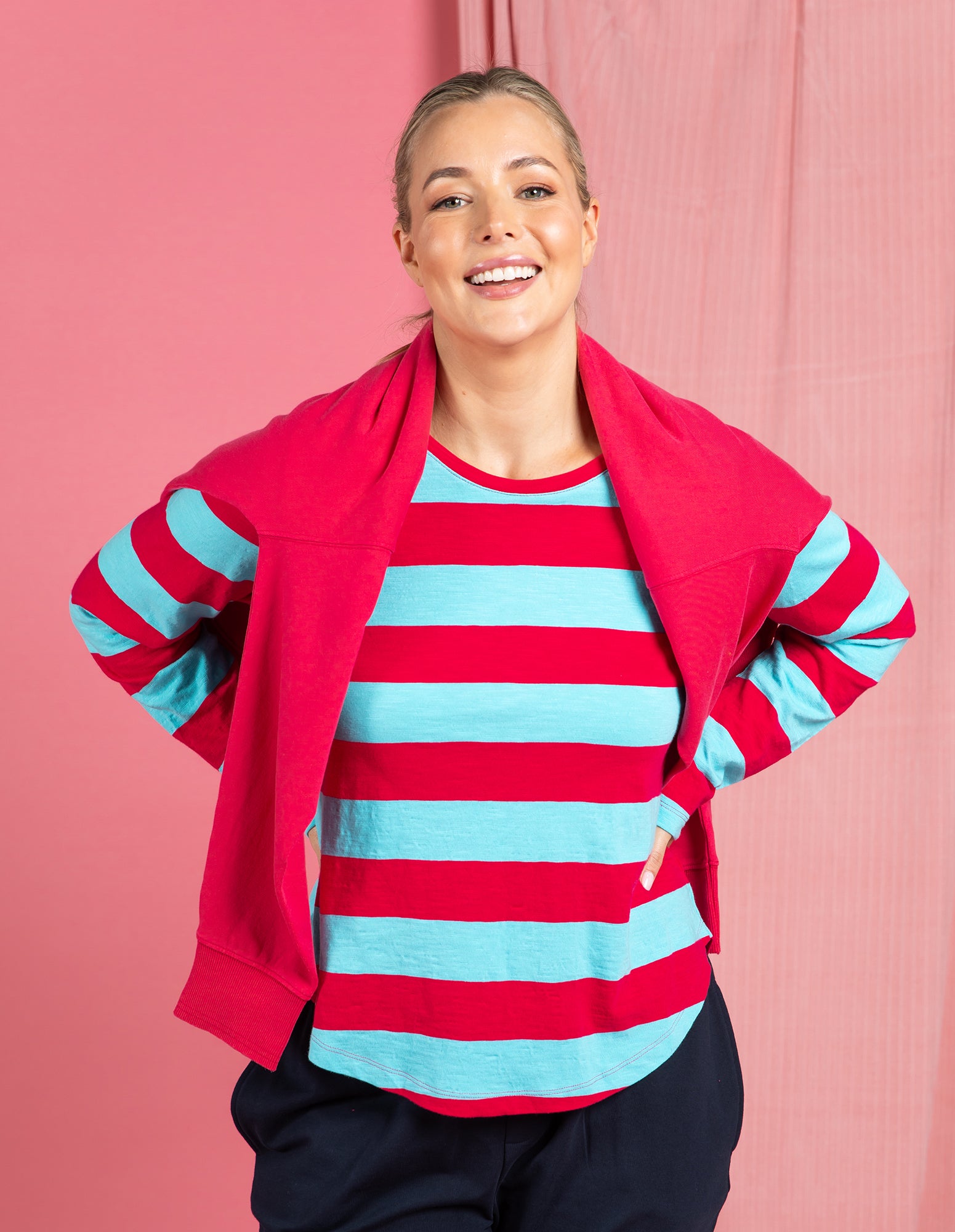 Spritz Stripe Long Sleeve Tee Sea/Dark Pink