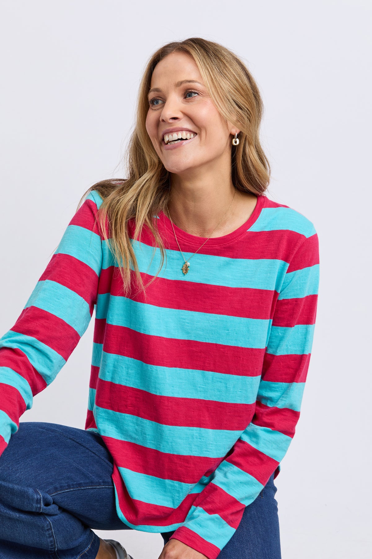 Spritz Stripe Long Sleeve Tee Sea/Dark Pink