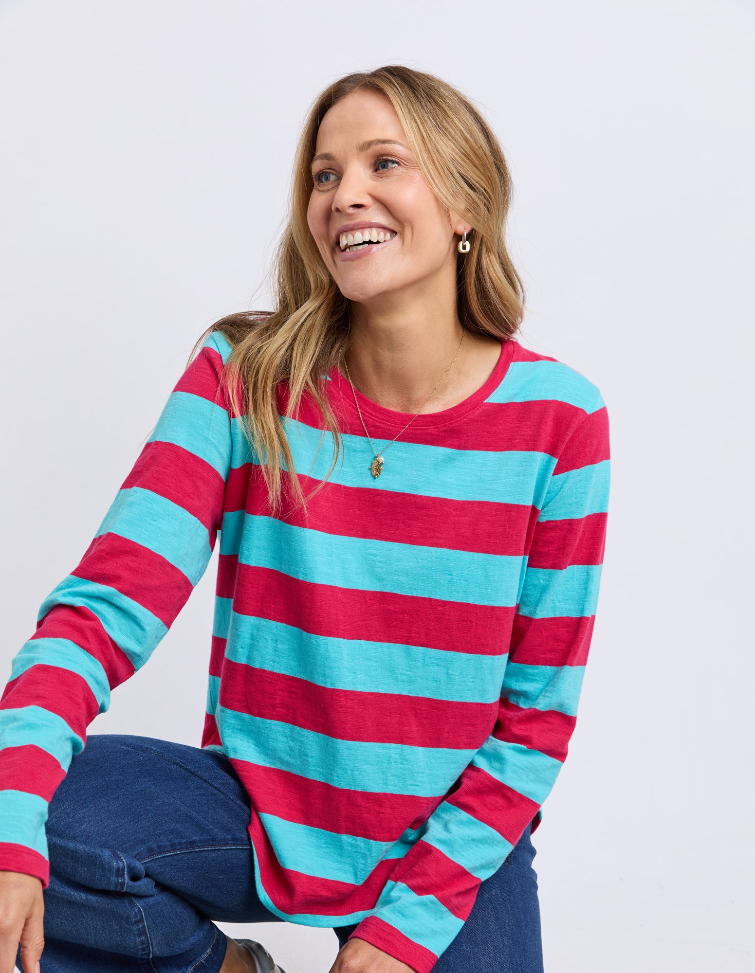 Spritz Stripe Long Sleeve Tee Sea/Dark Pink