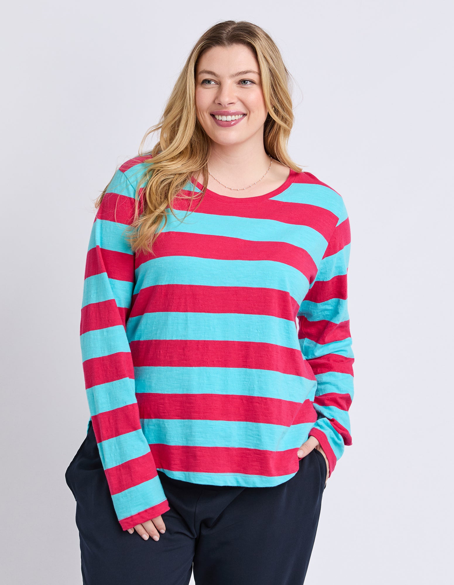 Spritz Stripe Long Sleeve Tee Sea/Dark Pink