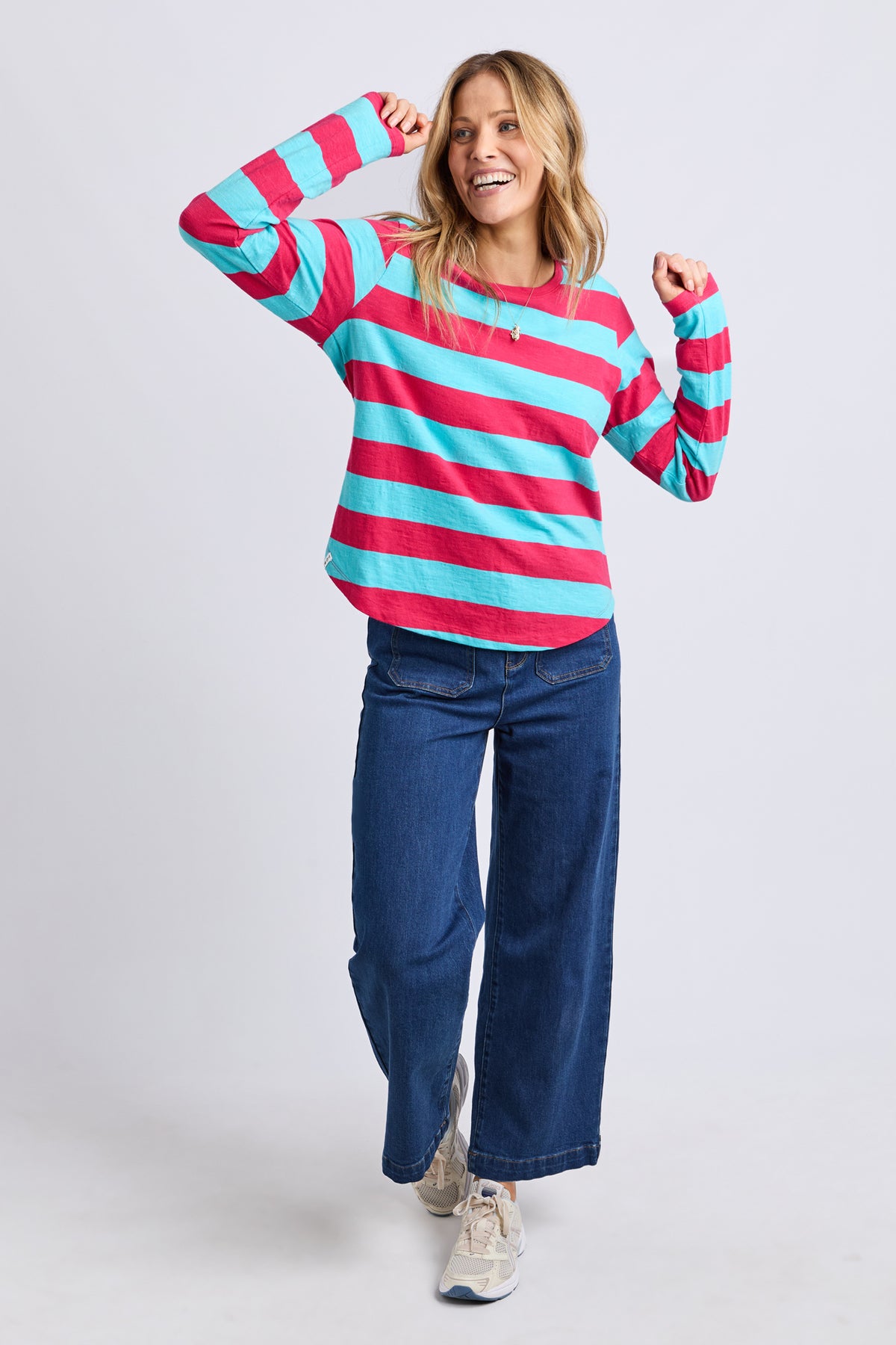 Spritz Stripe Long Sleeve Tee Sea/Dark Pink