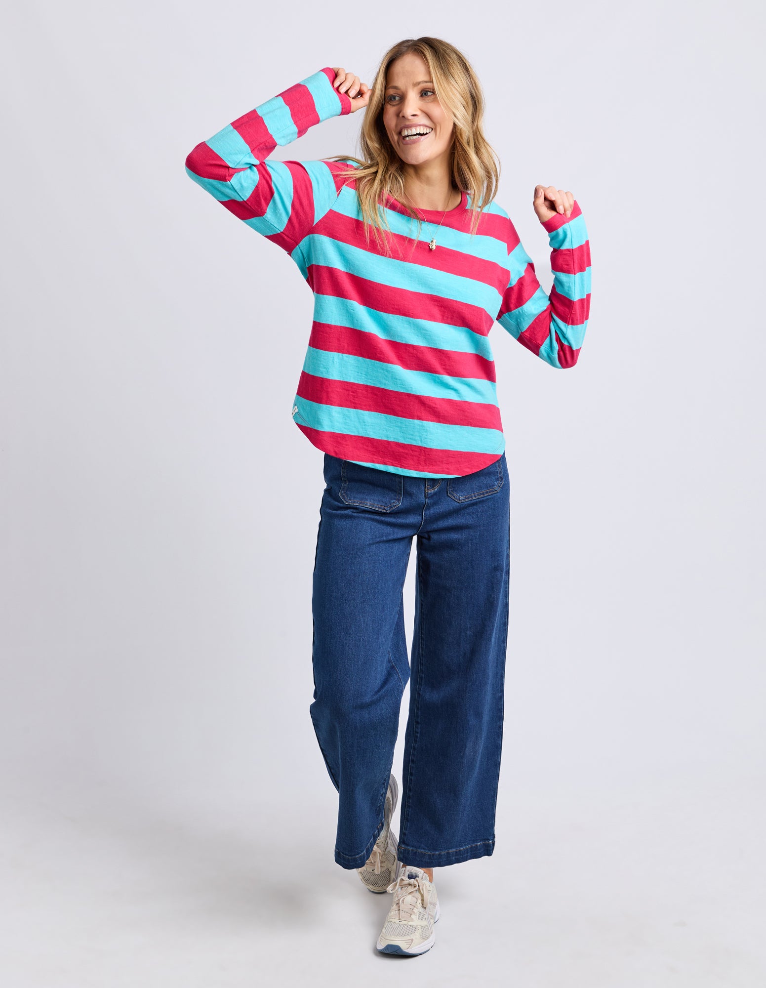 Spritz Stripe Long Sleeve Tee Sea/Dark Pink