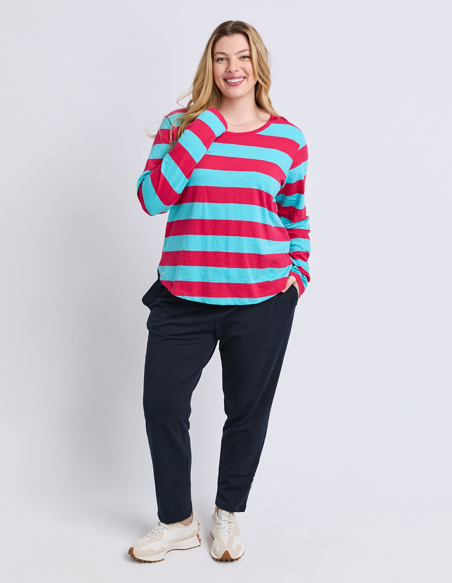 Spritz Stripe Long Sleeve Tee Sea/Dark Pink