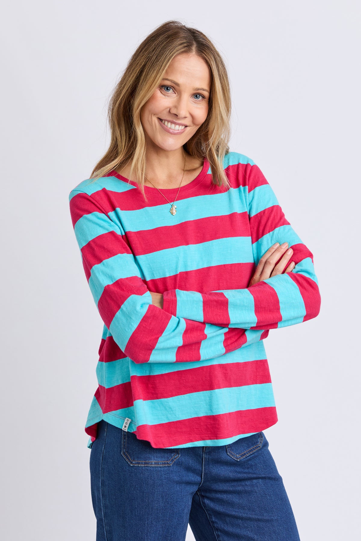 Spritz Stripe Long Sleeve Tee Sea/Dark Pink