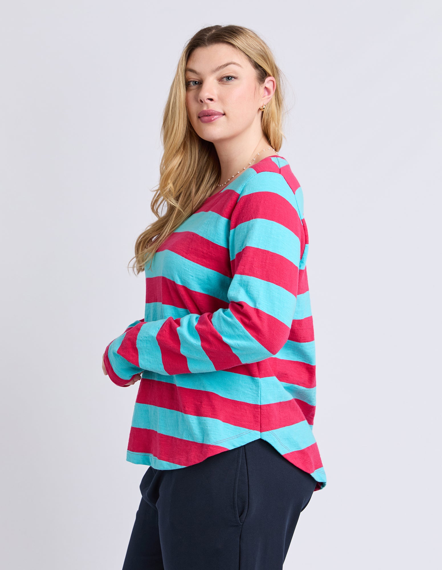 Spritz Stripe Long Sleeve Tee Sea/Dark Pink