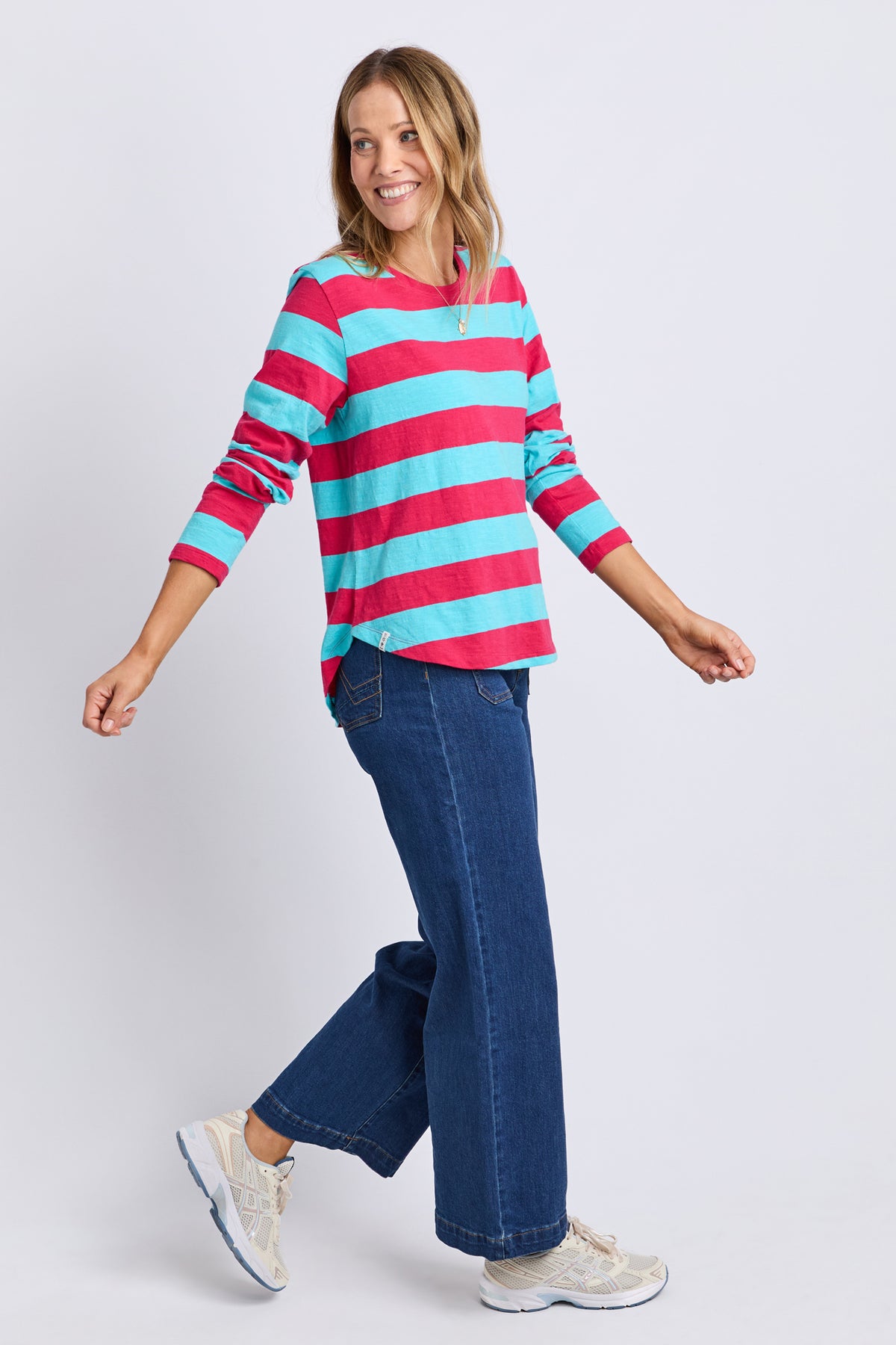 Spritz Stripe Long Sleeve Tee Sea/Dark Pink