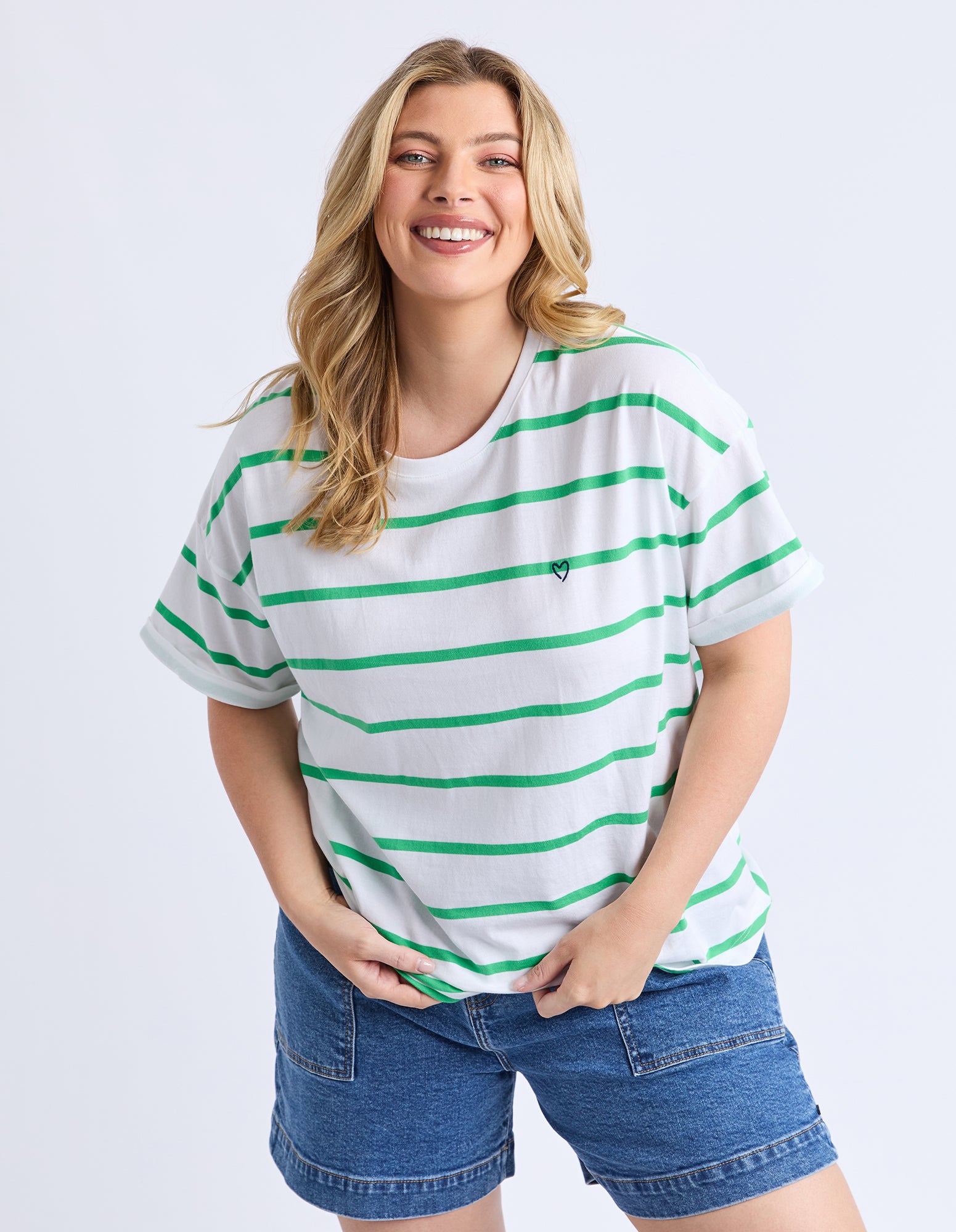 Halli Short Sleeve Tee Spring Green & White Stripe