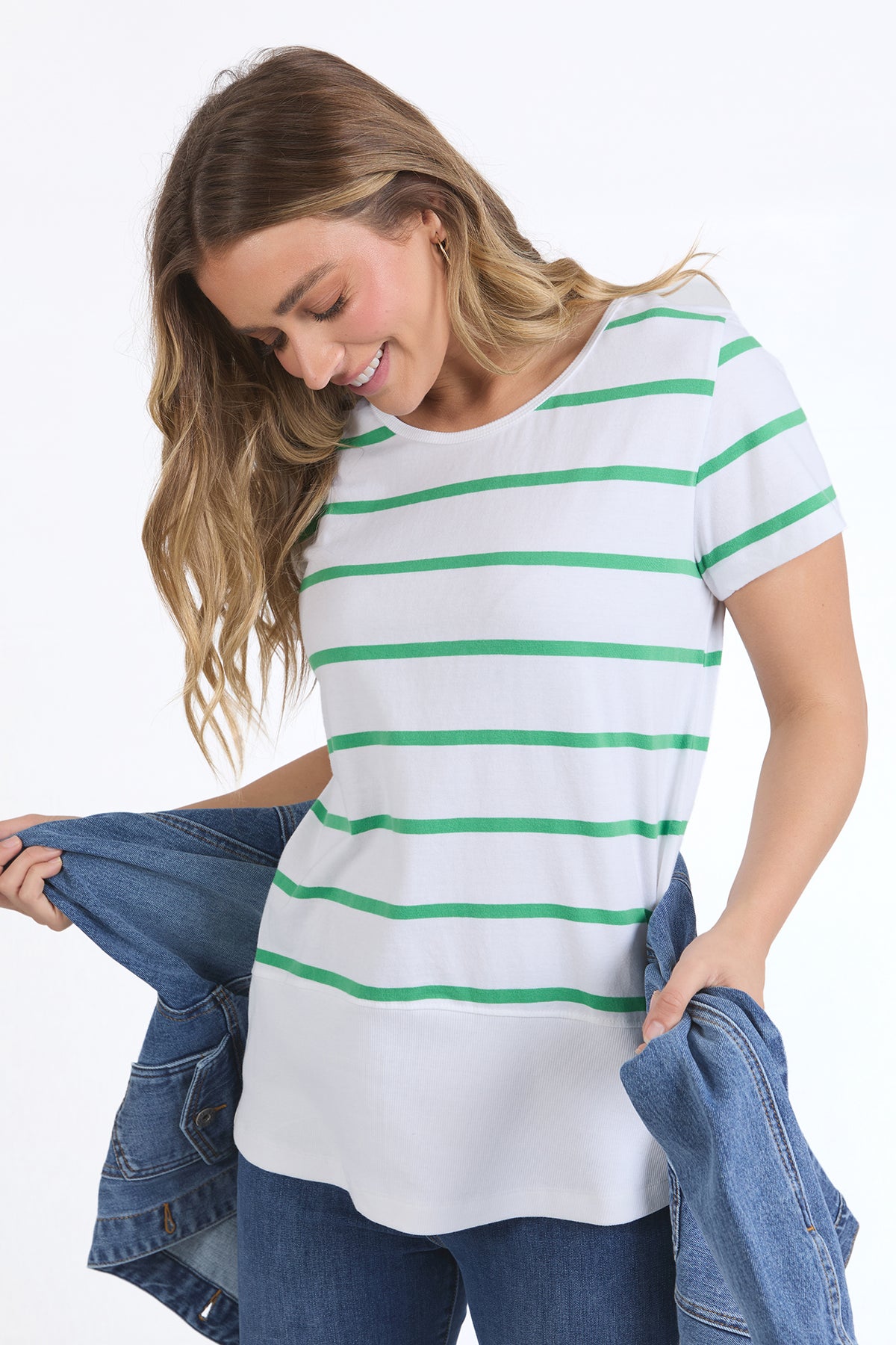 Rib Short Sleeve White/Greenbriar Stripe