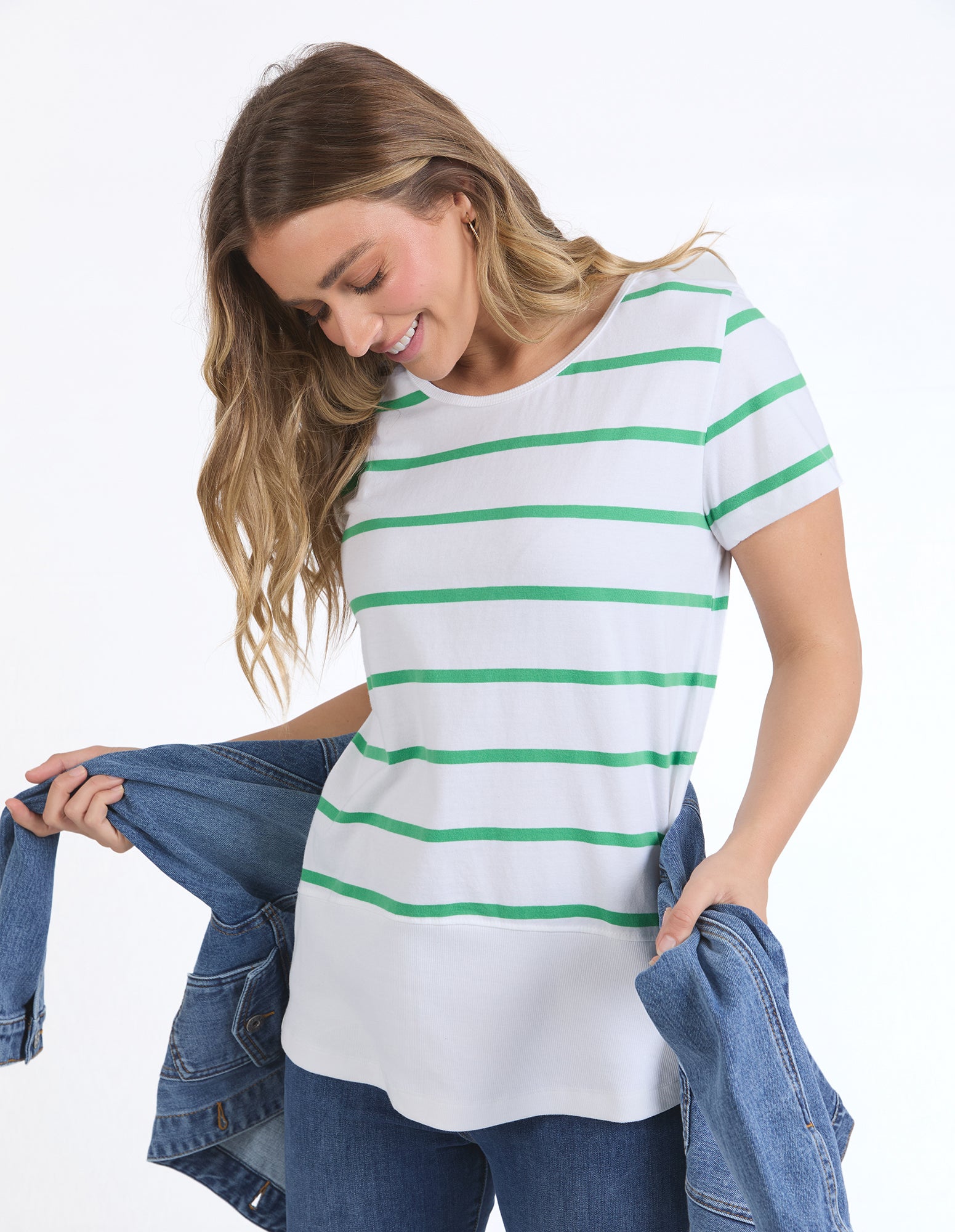 Rib Short Sleeve White/Greenbriar Stripe