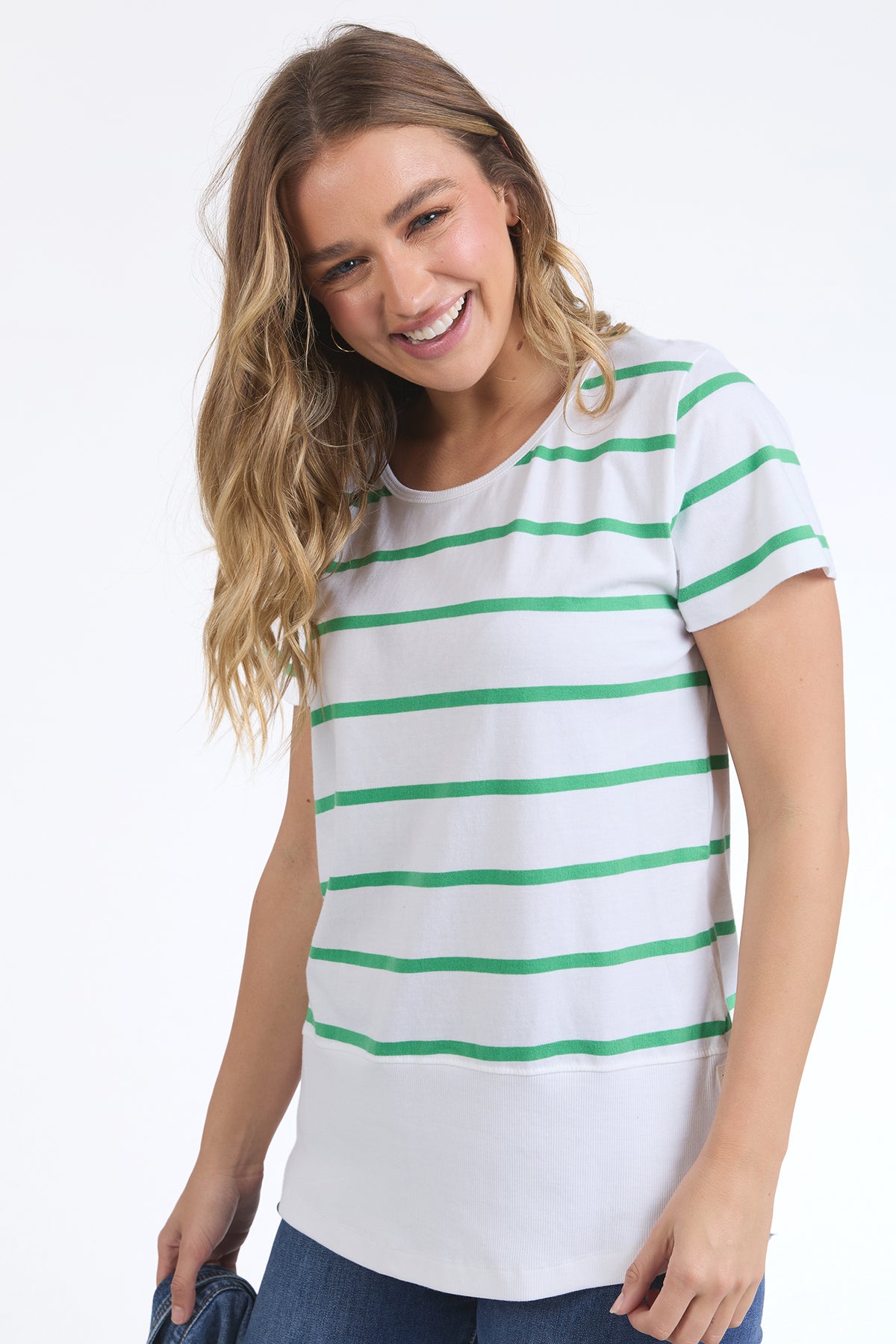 Rib Short Sleeve White/Greenbriar Stripe