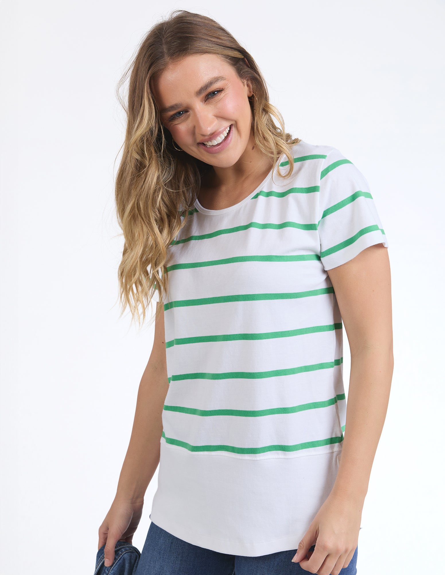 Rib Short Sleeve White/Greenbriar Stripe