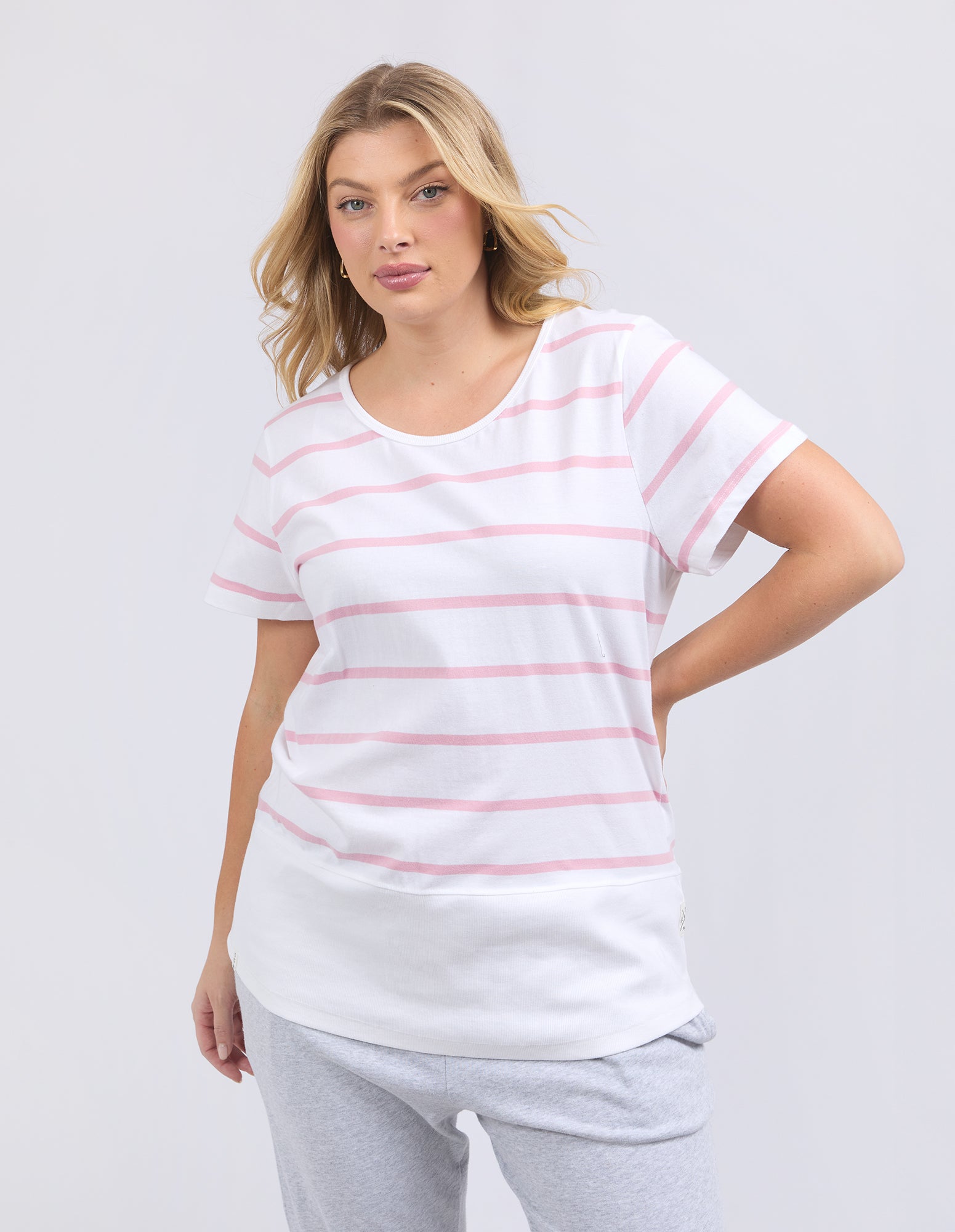 Rib Short Sleeve Tee Stripe Soft Pink